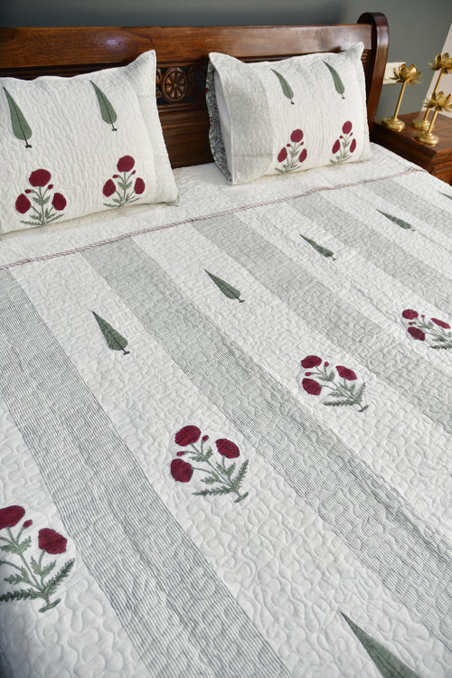 Red Poppy Quilted bedcover Hand Block premium organic cotton Jaipuri rajsthan style 