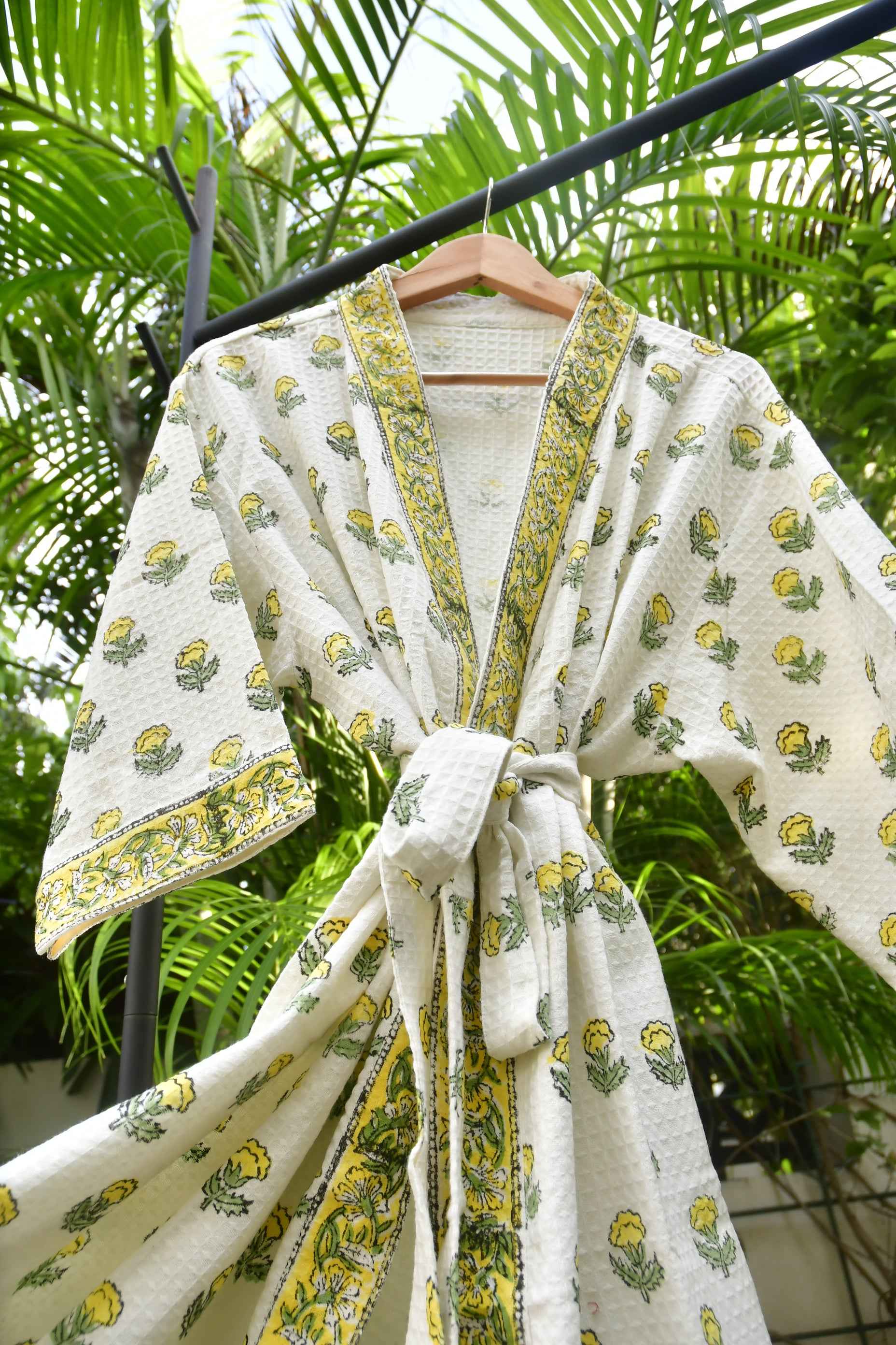 Yellow Buti HandBlock Waffle Cotton Bathrobe