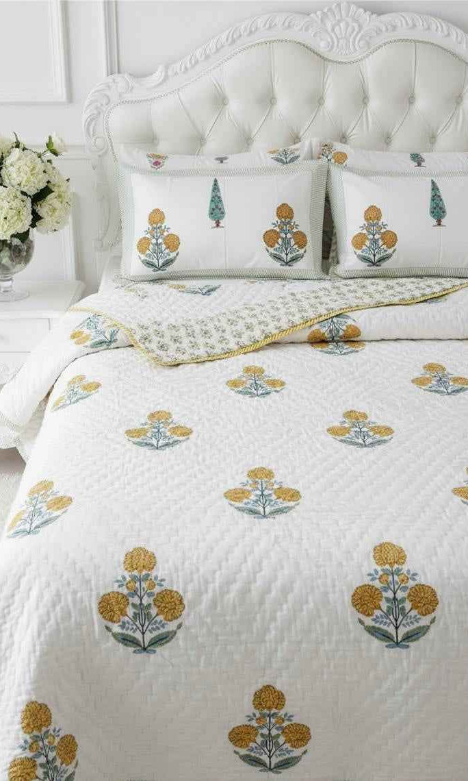 Cotton Quilt Hand Block Bedding Set – Yellow Marigold