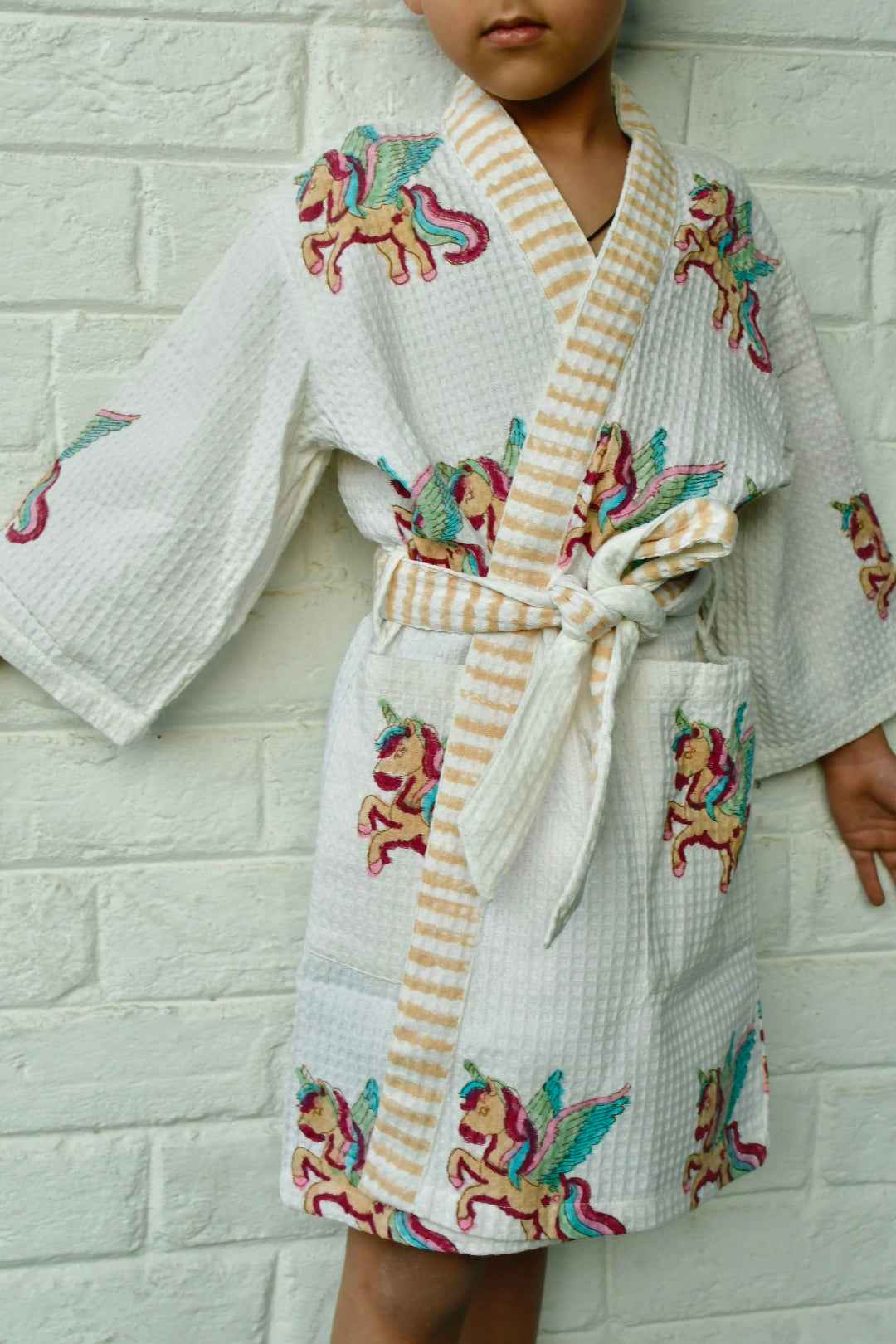 Kids HandBlock Premium Waffle Cotton Bathrobe Unicorn Pattern