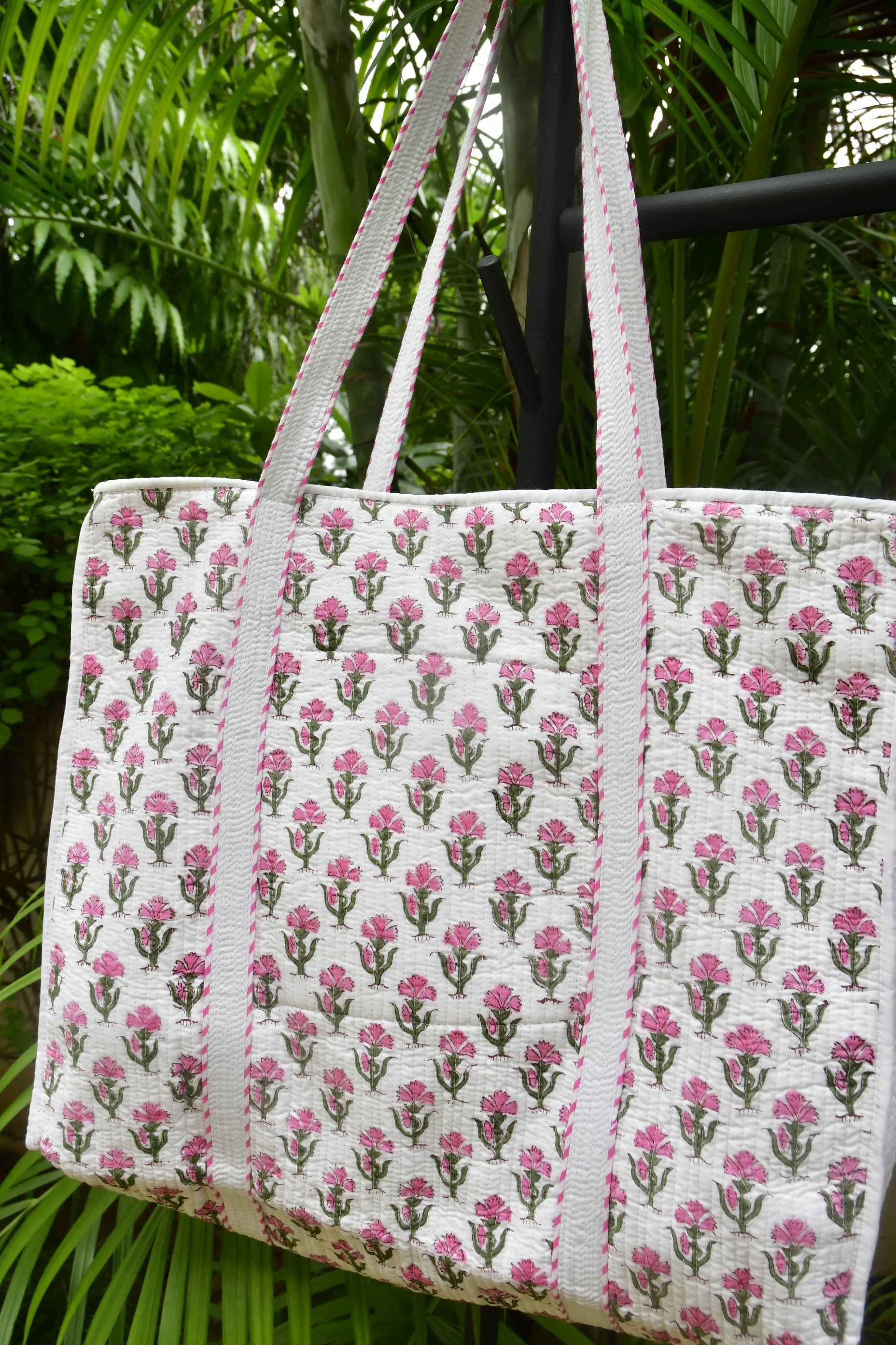 Pink Buta Zipper Tote Bag: Hand-Blocked Beauty