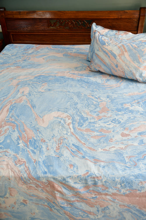 Pink Blue Marble Double Bedsheet - Premium cotton