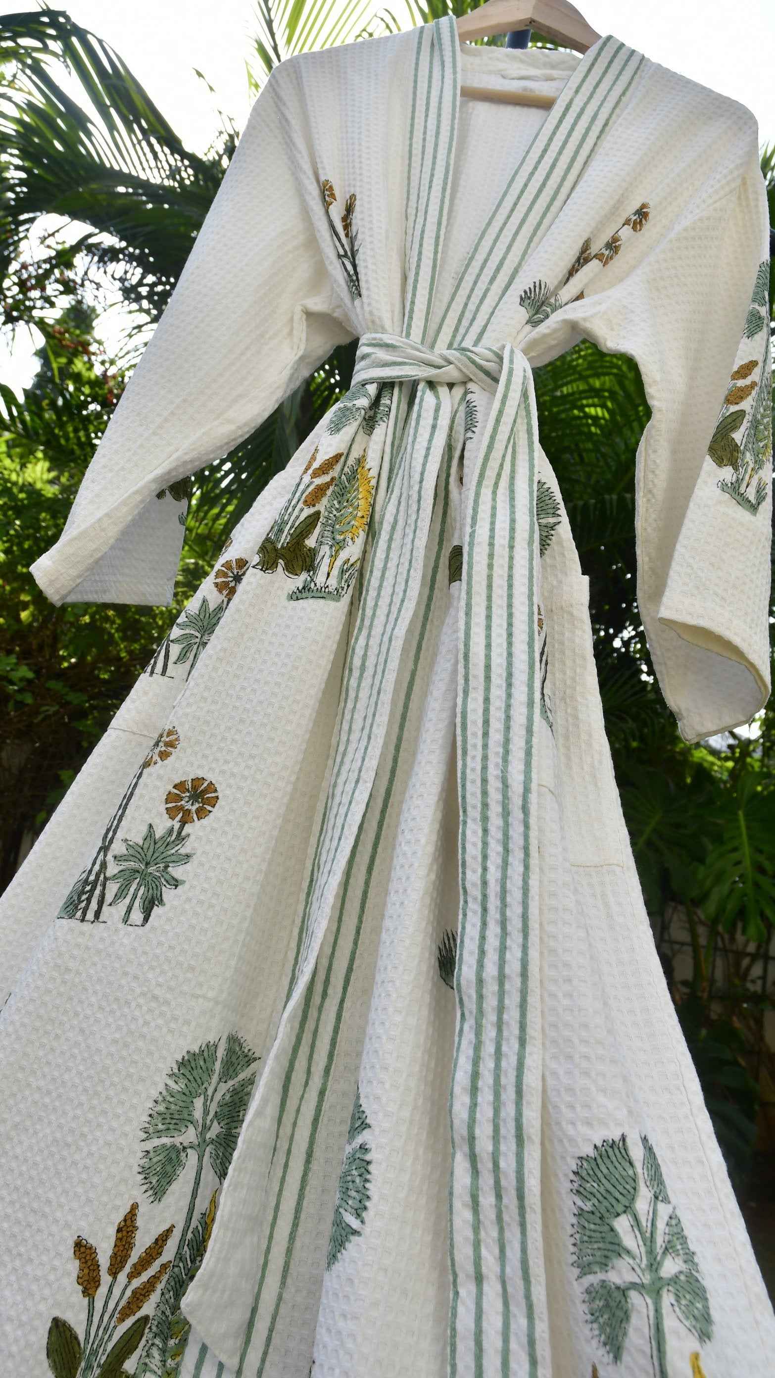Yellow Green Buta Handblock Bathrobe
