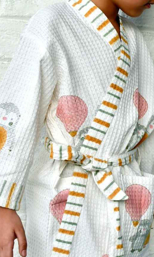 Kids HandBlock Premium Waffle Cotton Bathrobe Balloon Pattern