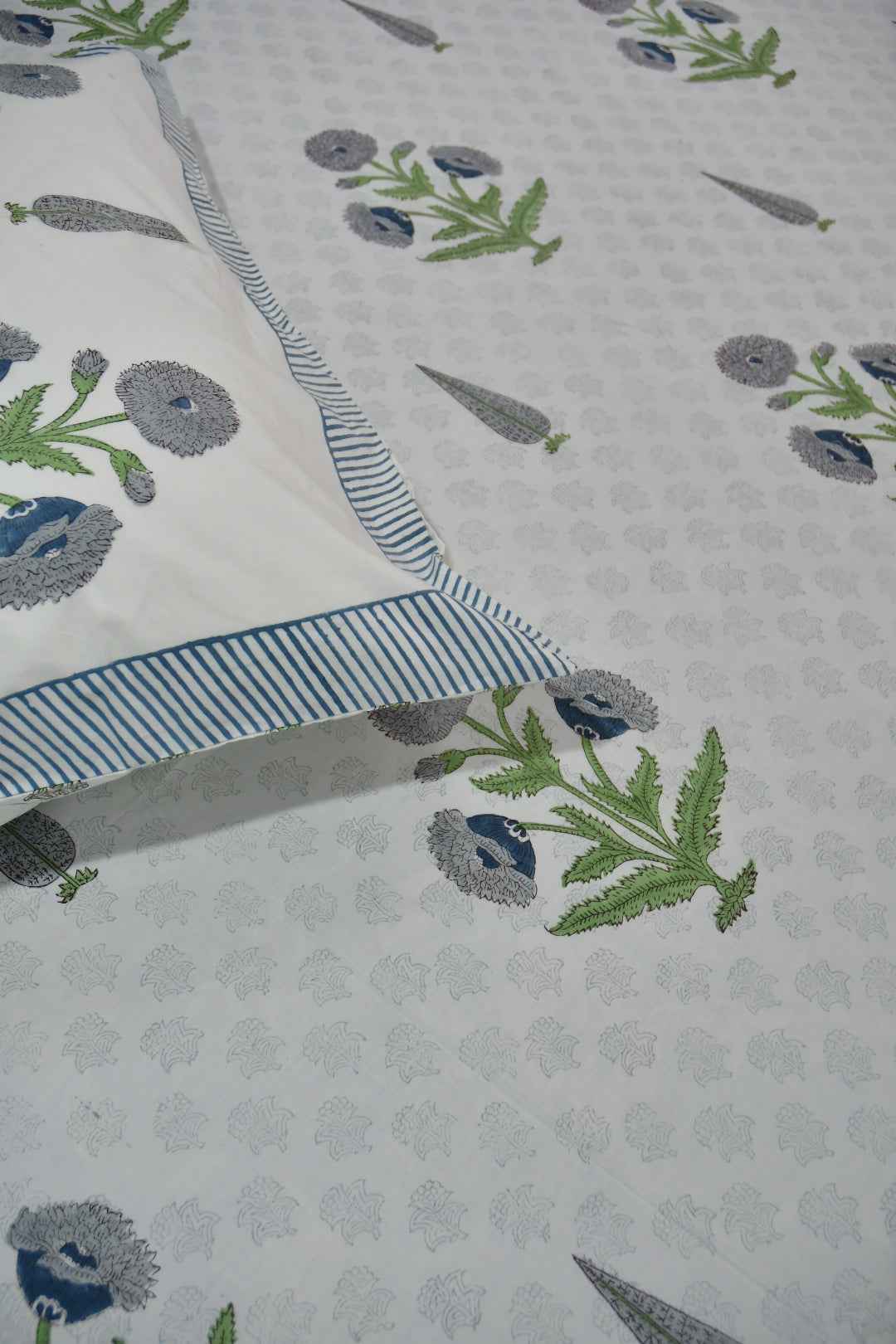 Blue Grey PoppyHandblock Cotton Handblock Bedsheet
