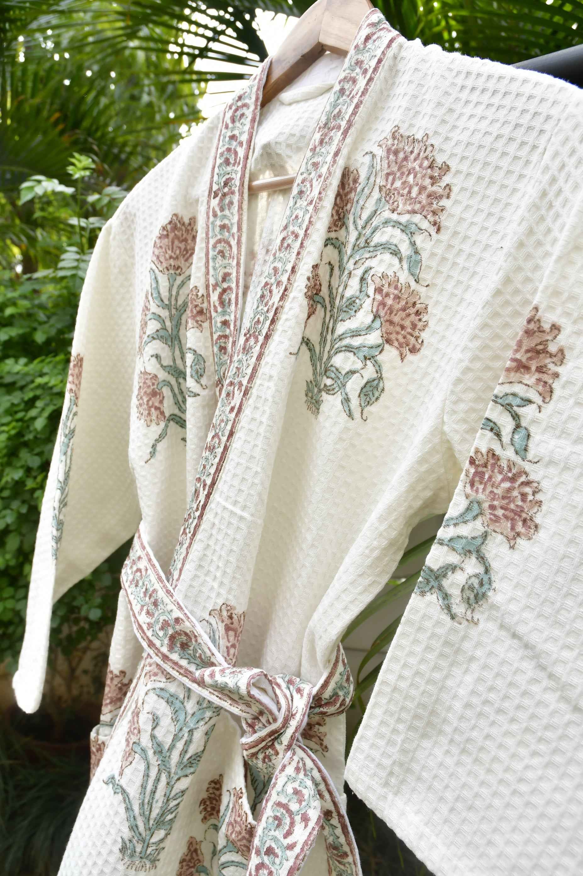 Rust and Green Floral Waffle Cotton Bathrobe