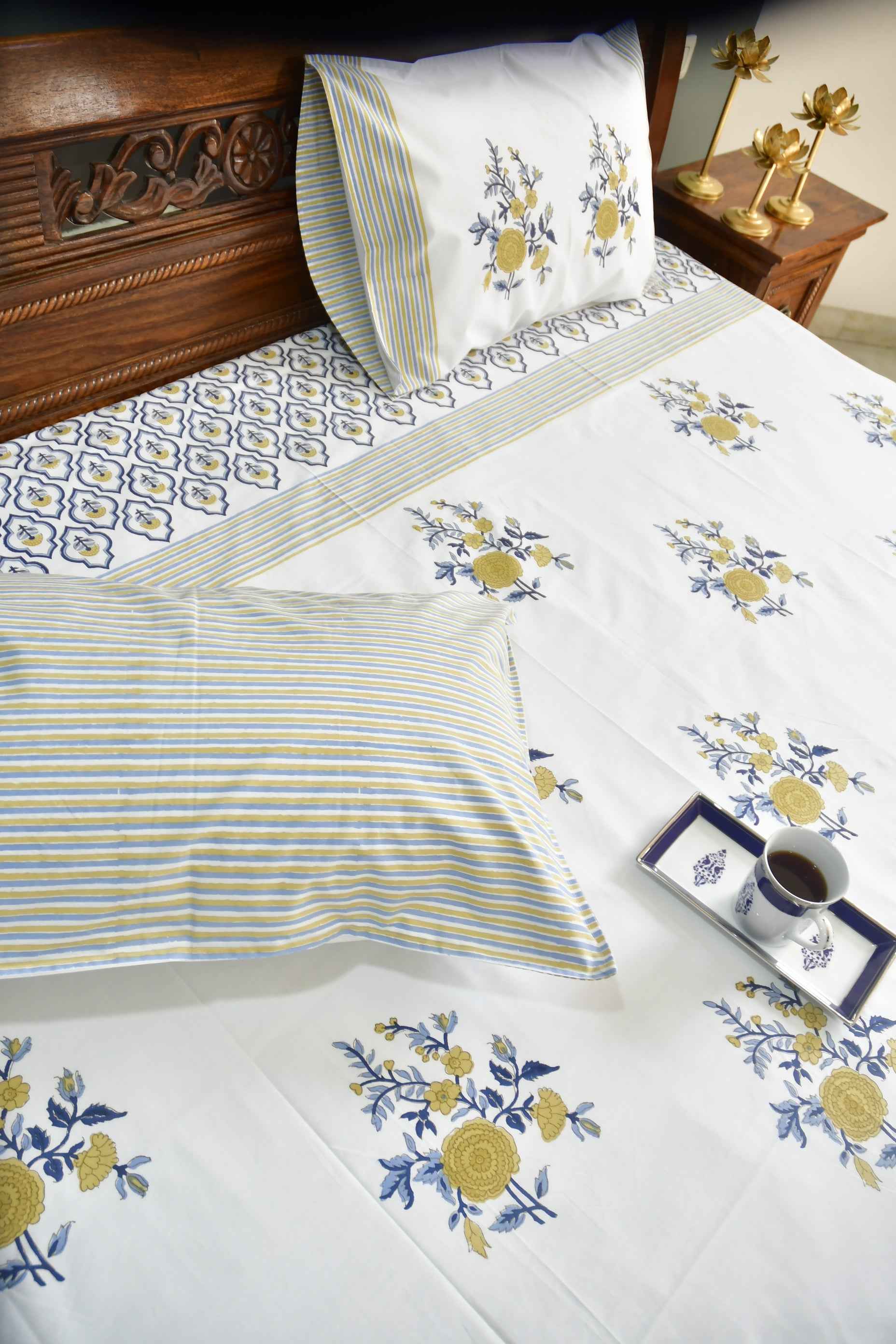 Royal Blue yellow Buta Bedsheet : Regal elegance