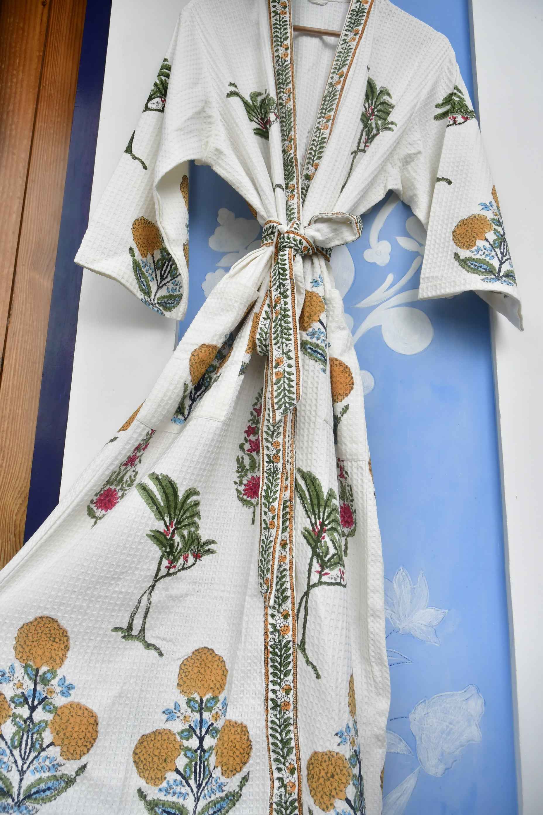 Marigolds HandBlock Waffle Cotton Bathrobe