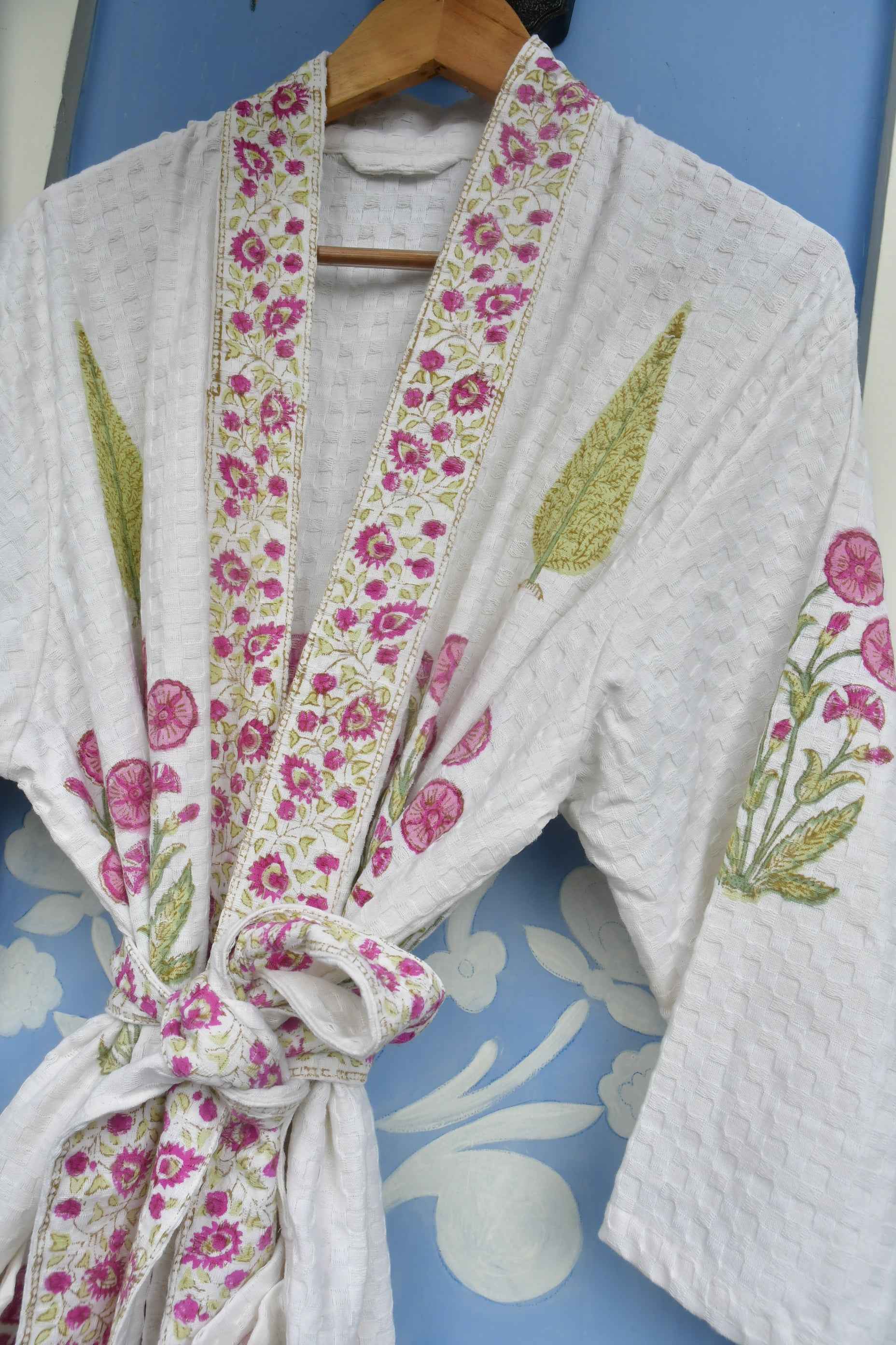 Pink floral and Green Cypress Leaf Bathrobe