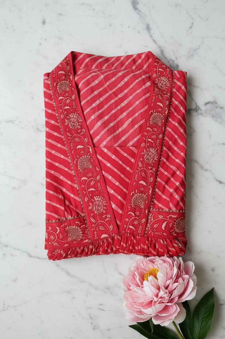 Pinkish Peach Floral Lehariya Handblock Anarkali Dress – Cotton Ethnic Wear for Women