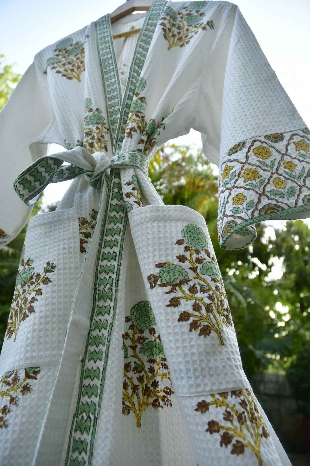 Soft Green Jaal Buta Handblock waffle Cotton Bathrobe