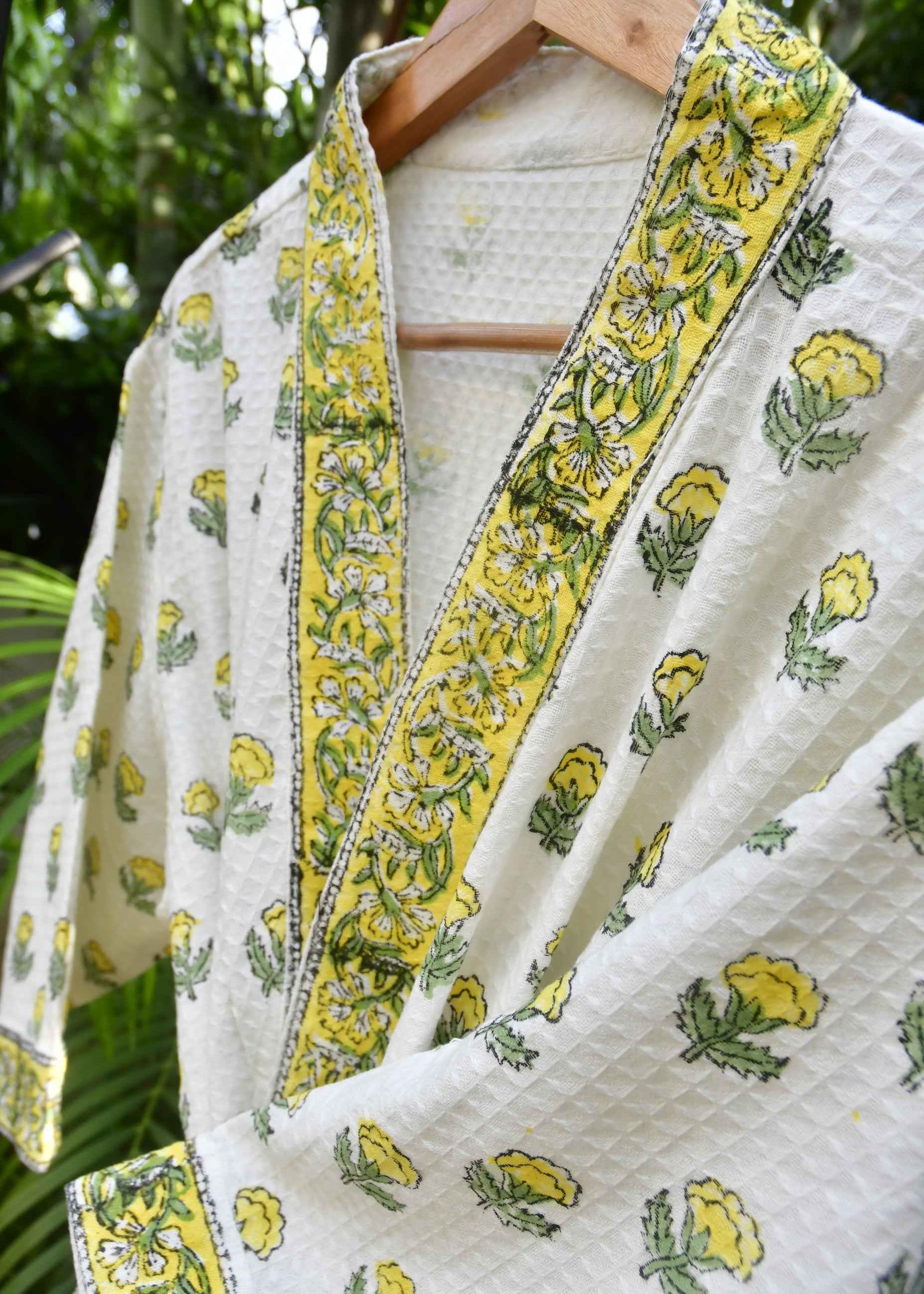 Yellow Buti HandBlock Waffle Cotton Bathrobe