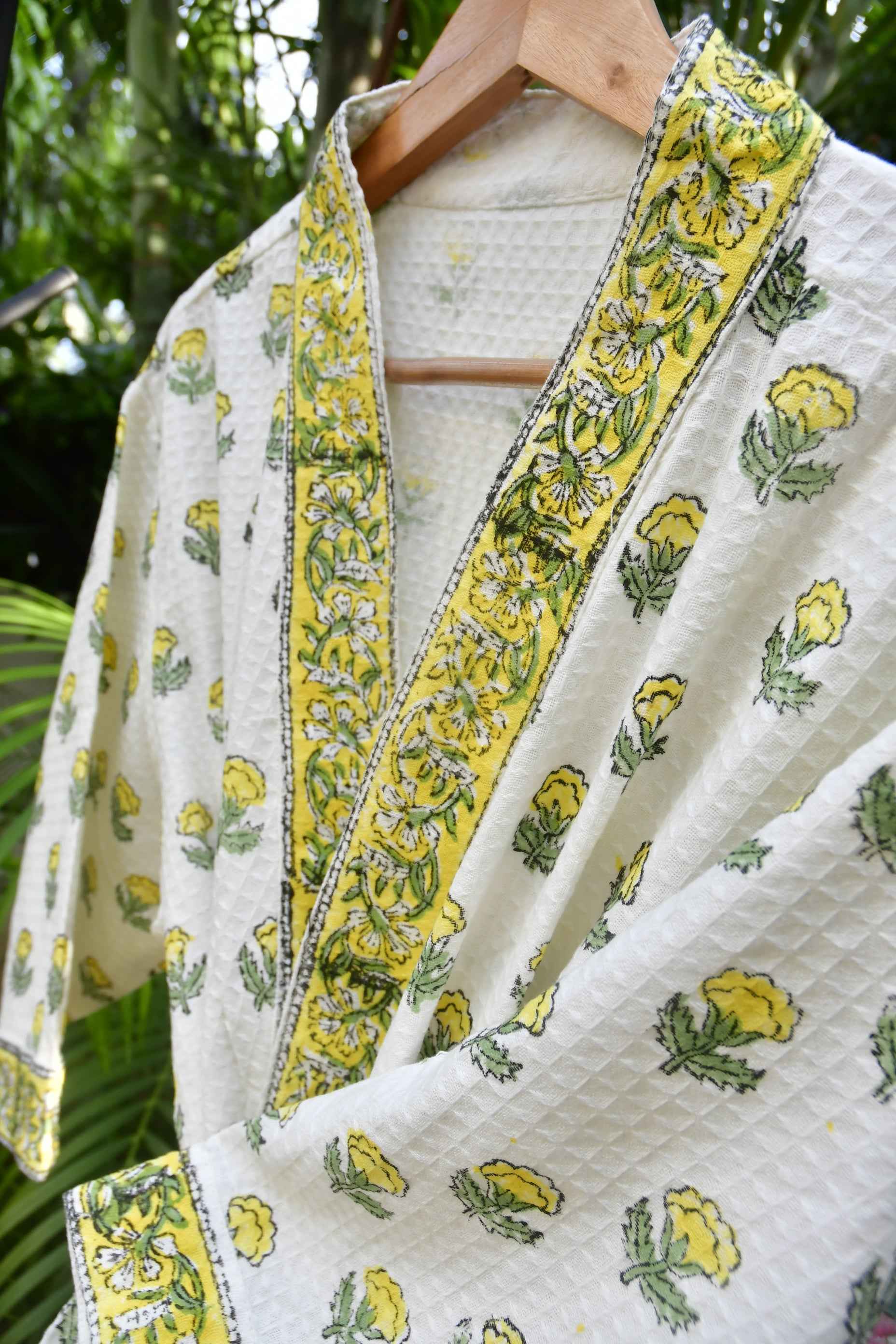 Yellow Buti HandBlock Waffle Cotton Bathrobe