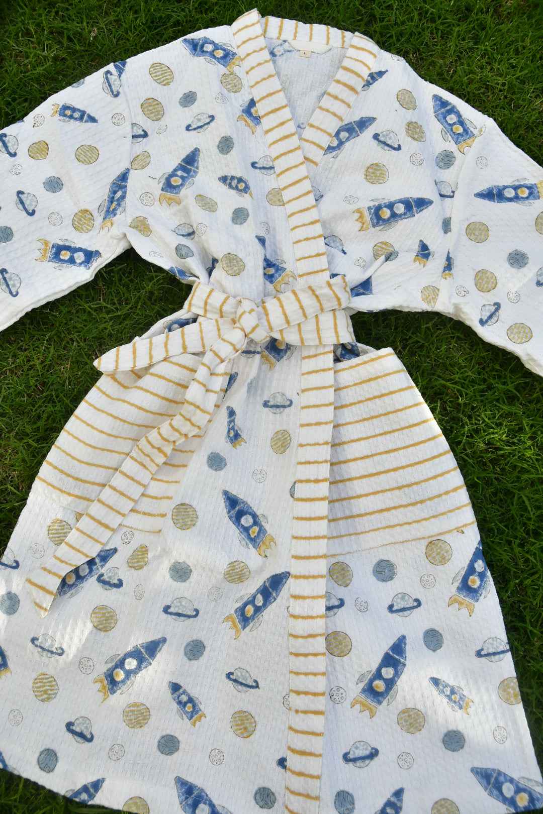 Kids Premium Waffle Cotton Bathrobe Rocket Pattern