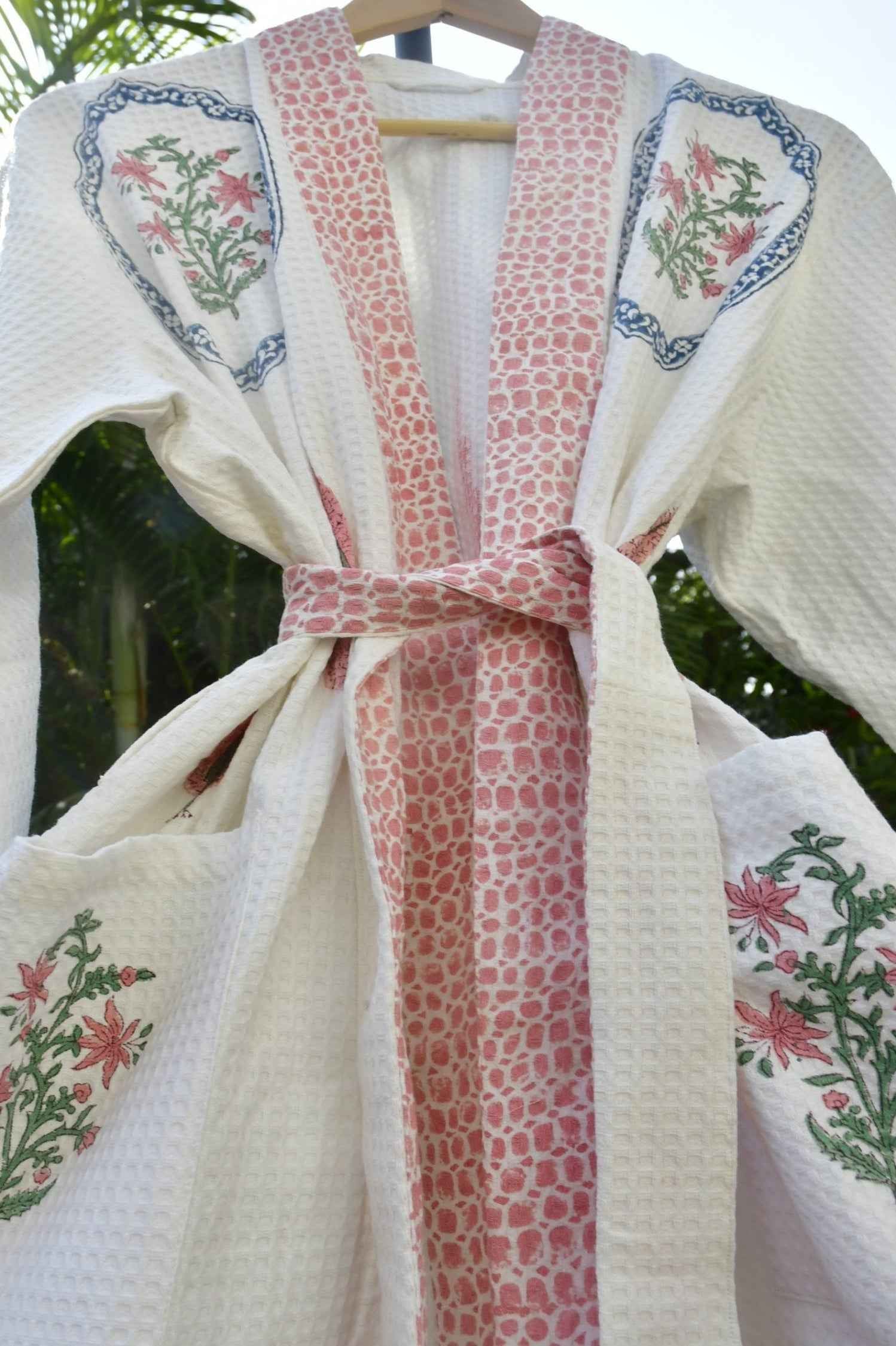 Pink love in Hexagon Waffle cotton Bathrobe