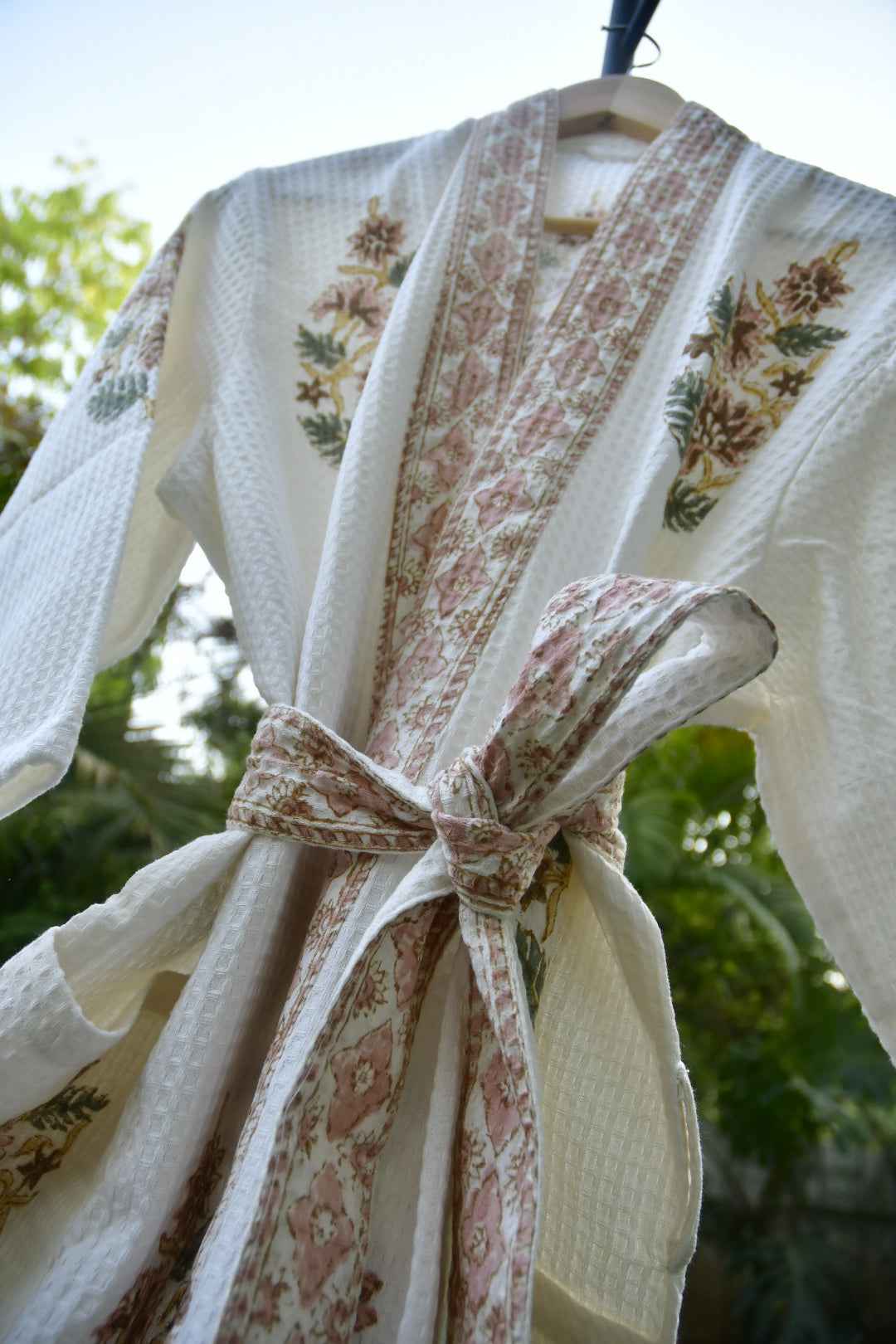 Royal Peach Buta Handblock waffle Cotton Bathrobe