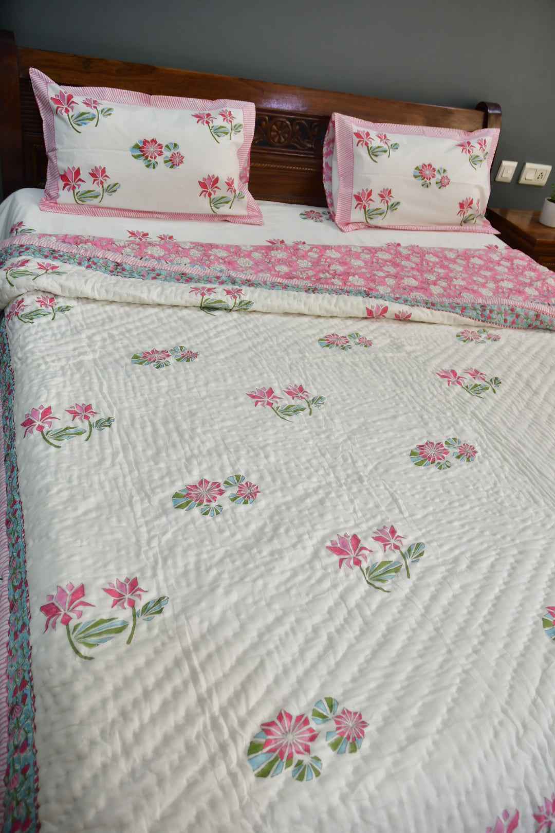 Pink Lotus Handblock Cotton Bedding Set