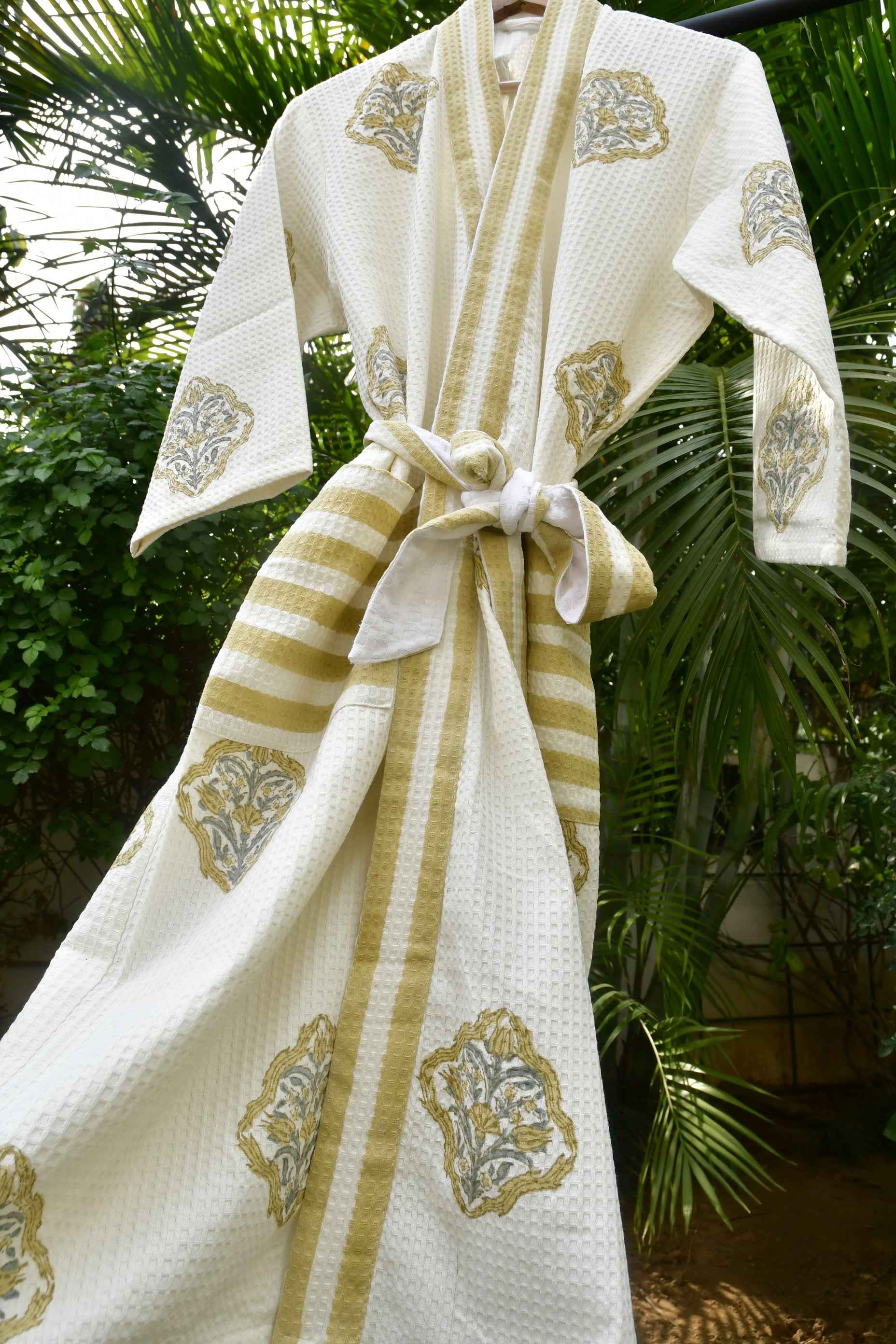 Royal Mustard stripe waffle cotton Bathrobe
