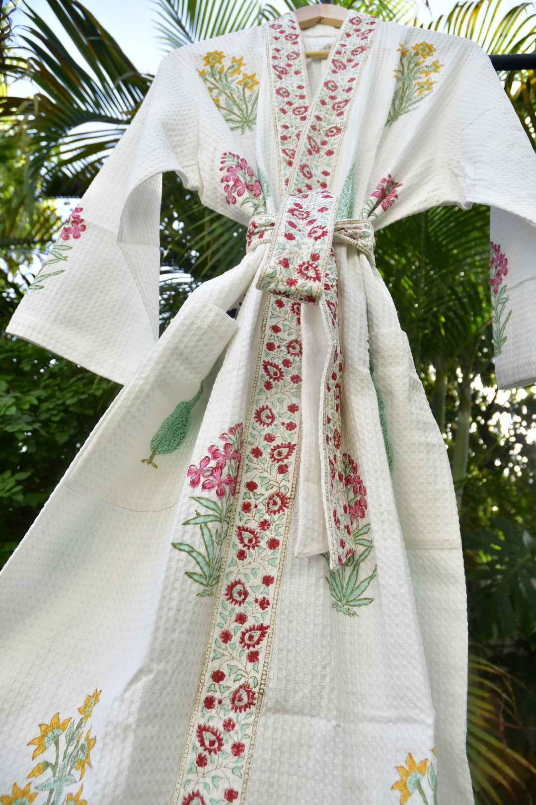 Cotton Bathrobe : Paanch Buta Handblock waffle robe