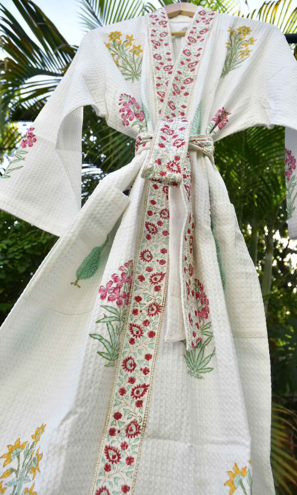 Cotton Bathrobe : Paanch Buta Handblock waffle robe