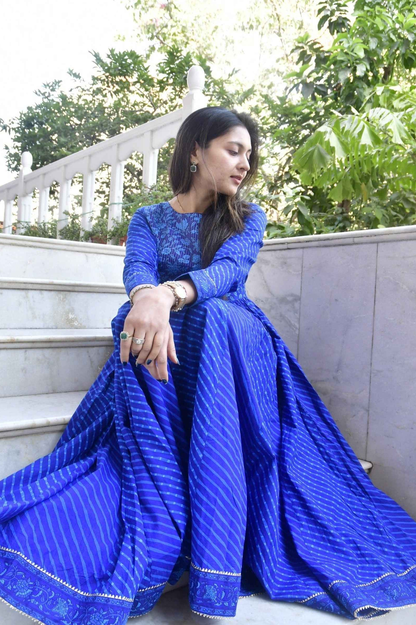 Royal Blue Lehariya Anarkali Handblock : Traditional