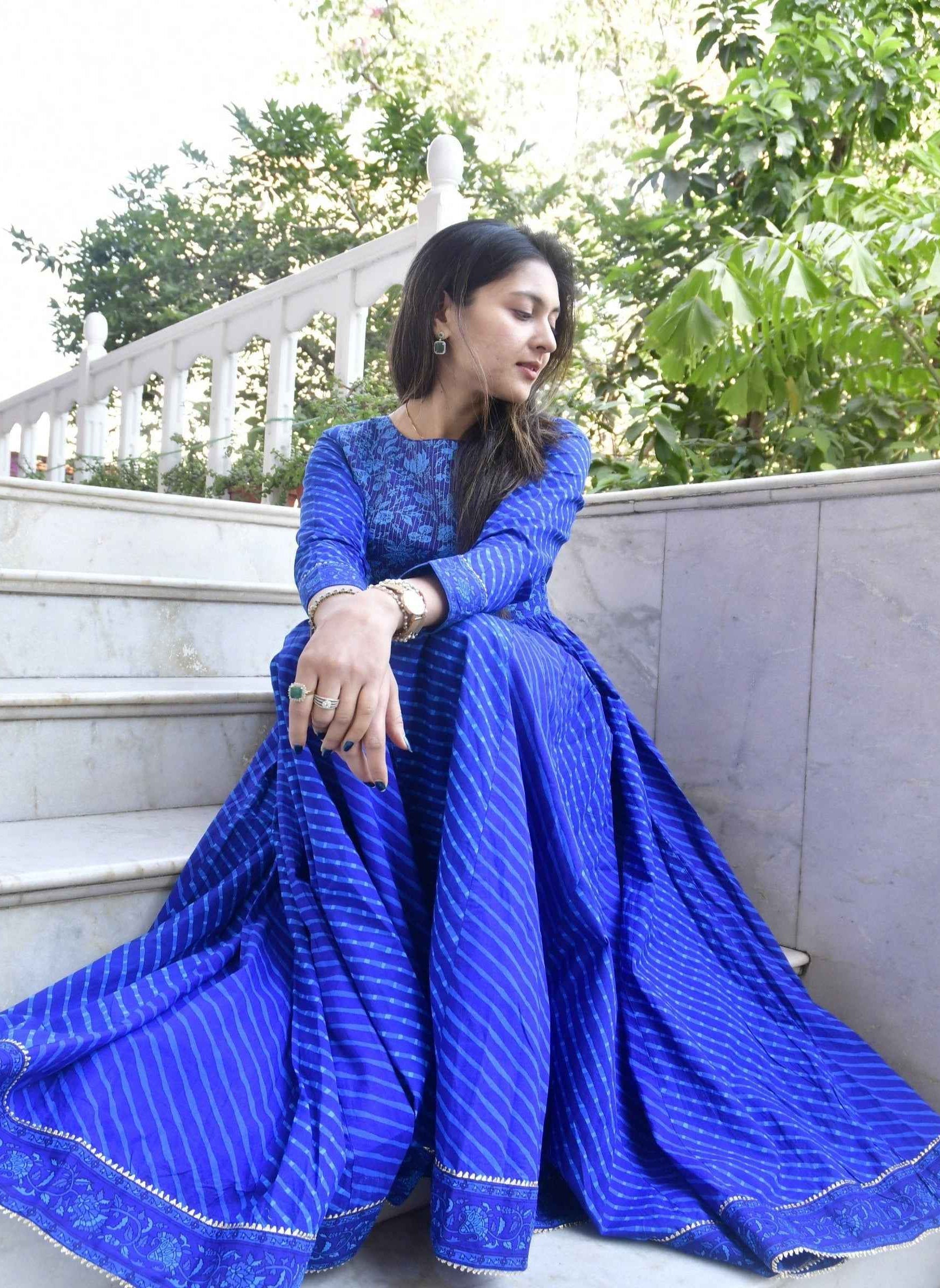 Royal Blue Lehariya Anarkali Handblock : Traditional