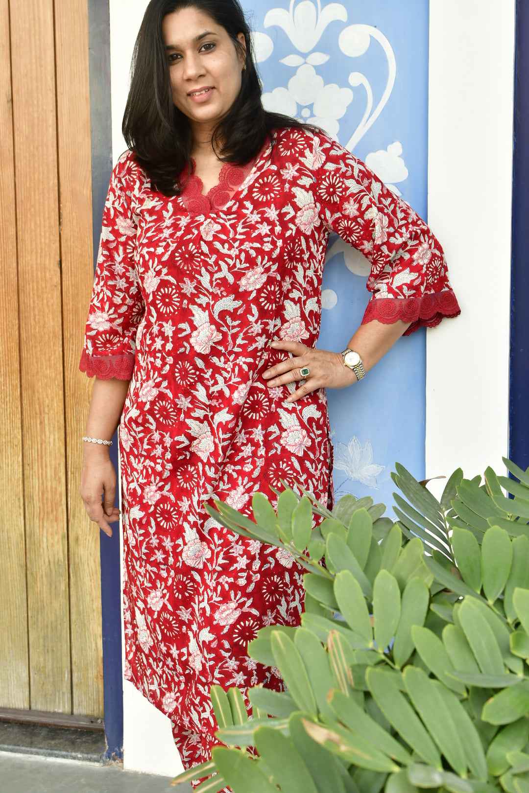 Red Bagiya Hand Block Handblock Cotton Kurta set