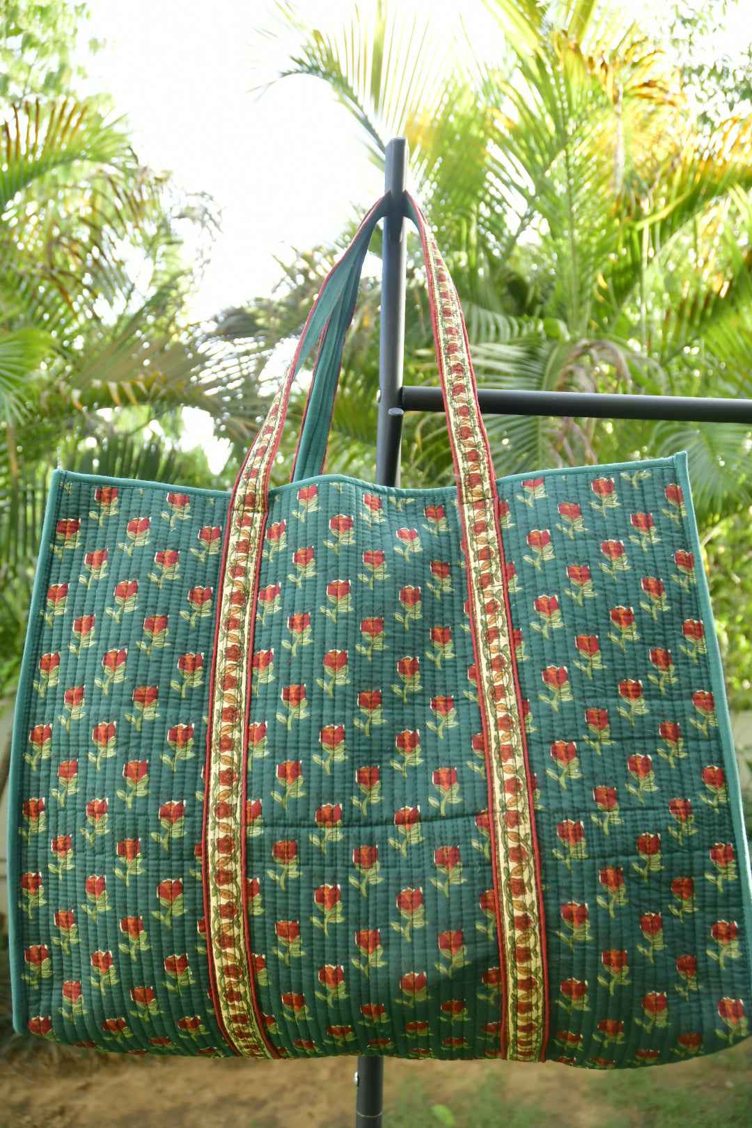Premium Bottle Green Floral Tote Bag: Hand-Blocked Beauty