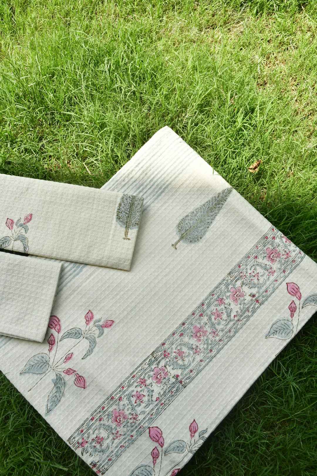 Pink Buta Buta on Beige Bath & Hand Towel Set