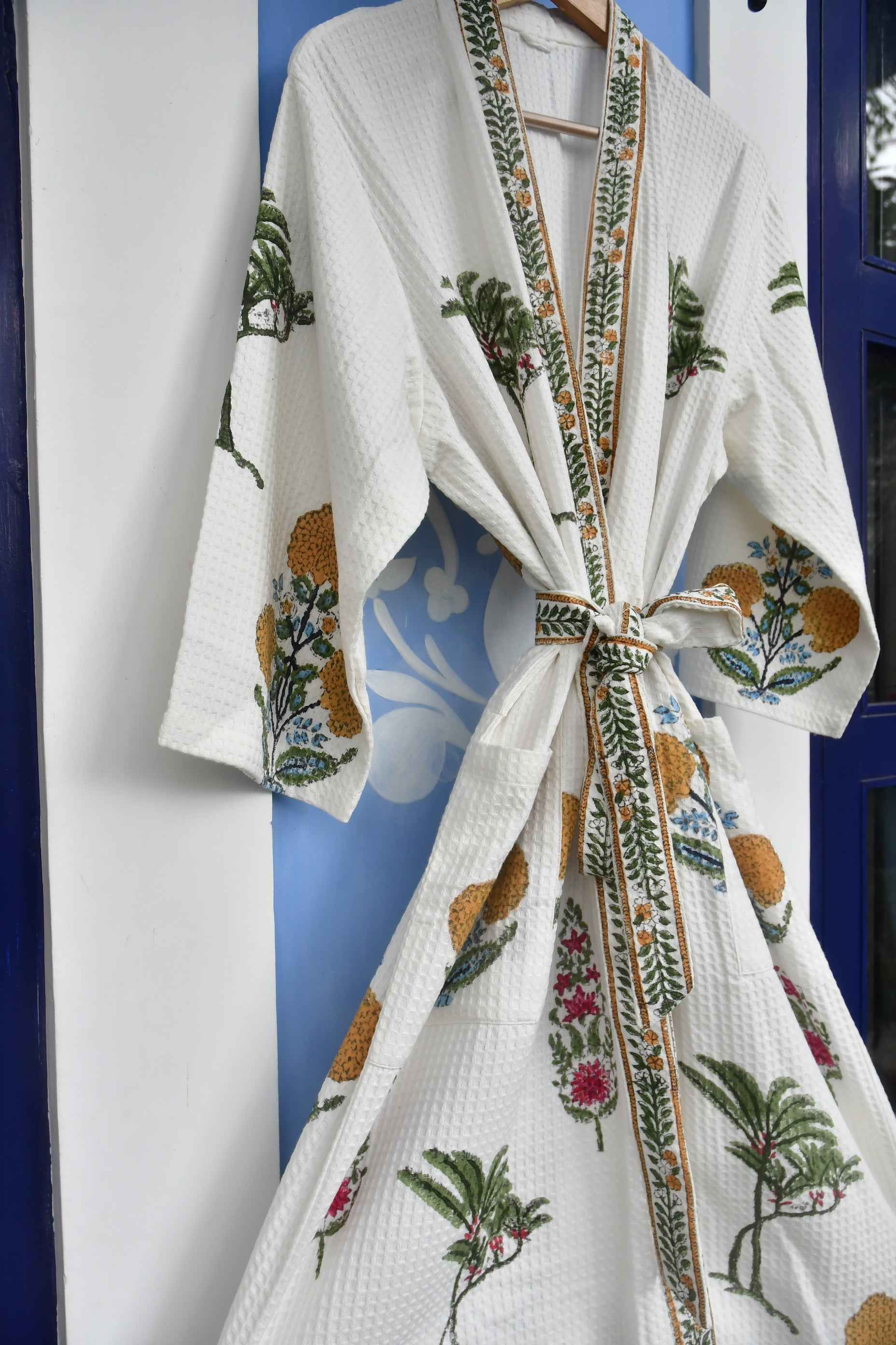 Marigolds HandBlock Waffle Cotton Bathrobe