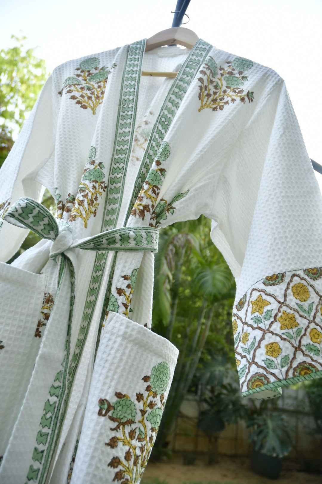 Soft Green Jaal Buta Handblock waffle Cotton Bathrobe