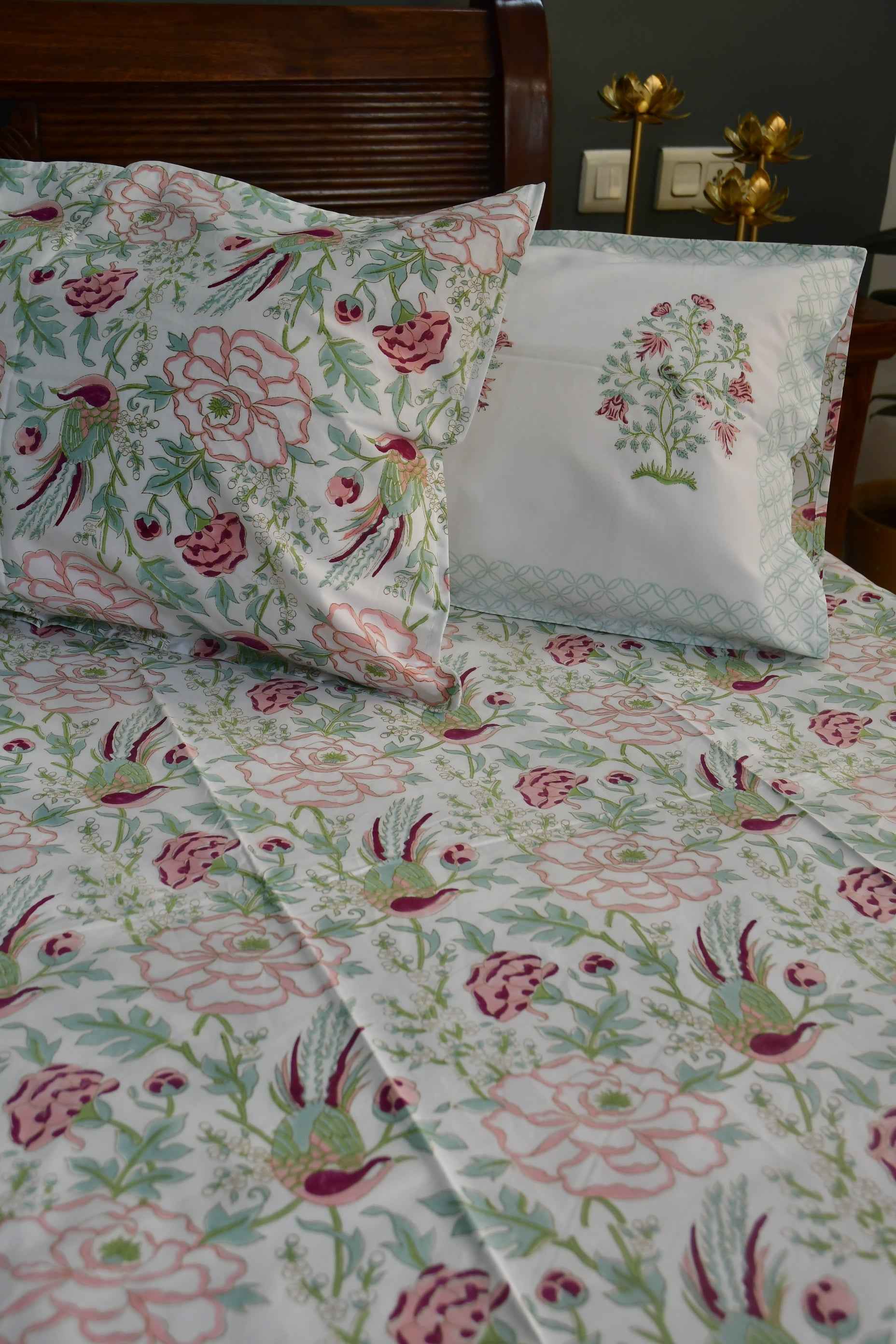 Floral and Bird Bedsheet : Handblock, Jaipuri