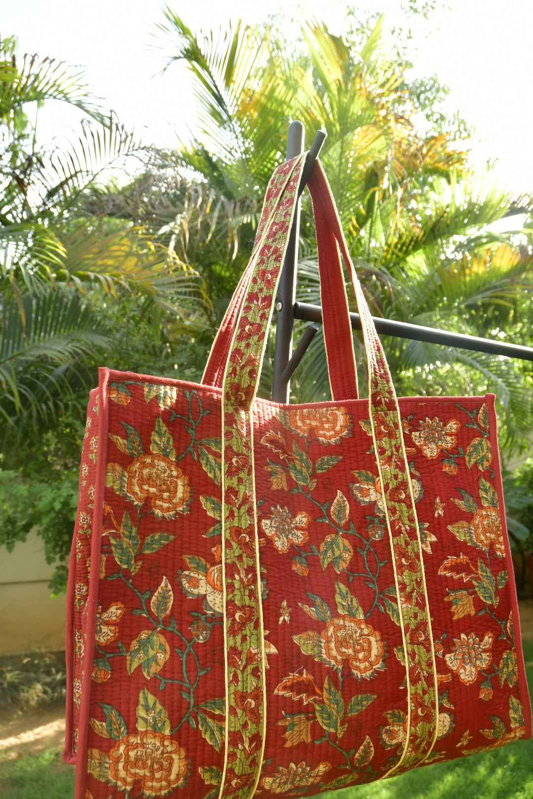 Premium Maroon Floral Tote Bag: Hand-Blocked Beauty