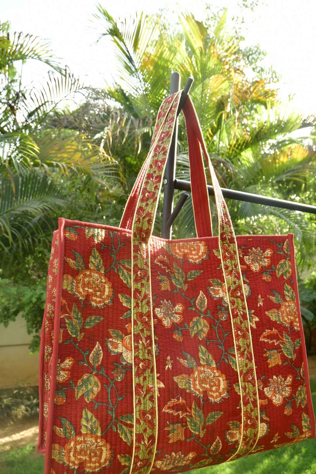 Premium Maroon Floral Tote Bag: Hand-Blocked Beauty