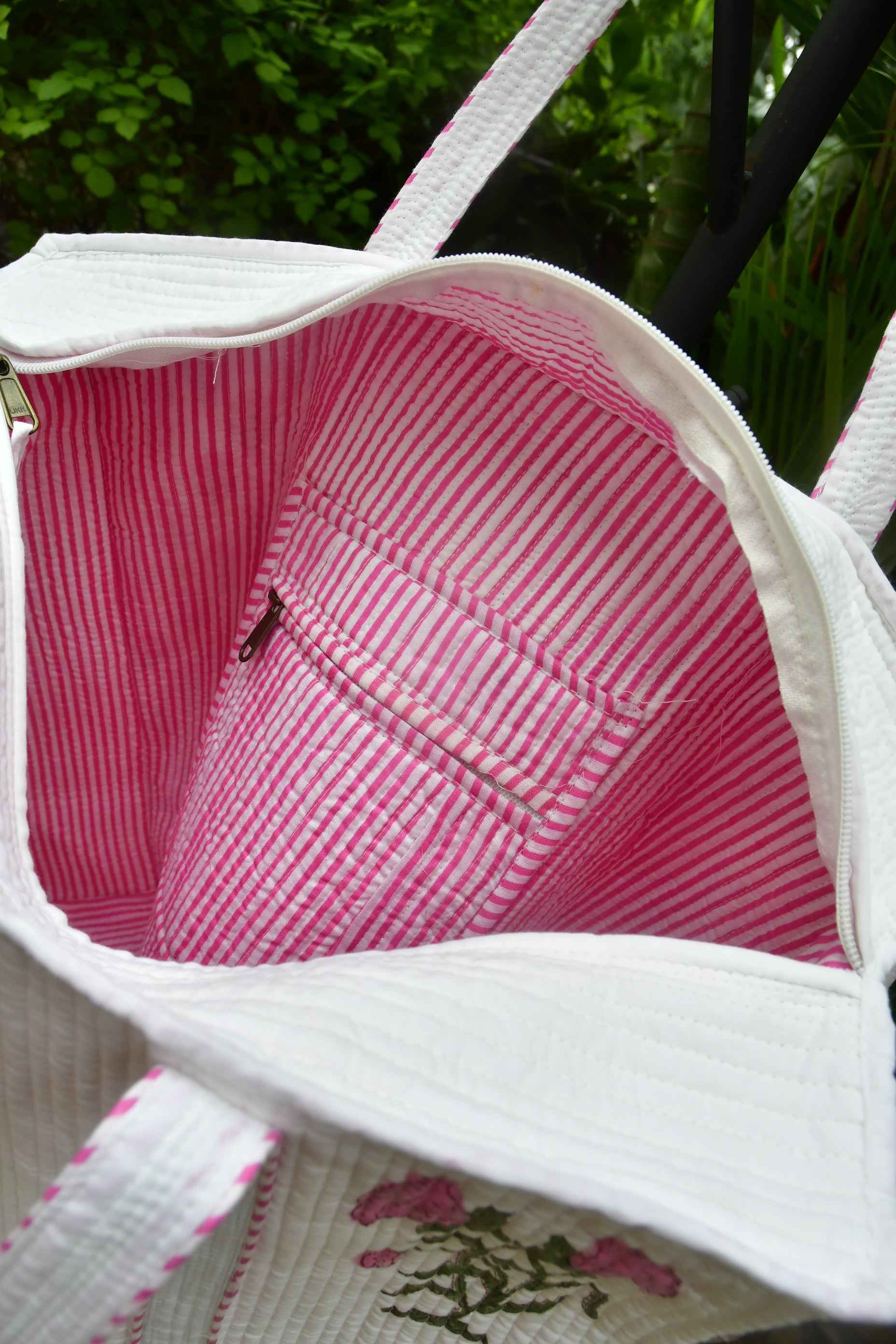 Pink Buta Zipper Tote Bag: Hand-Blocked Beauty