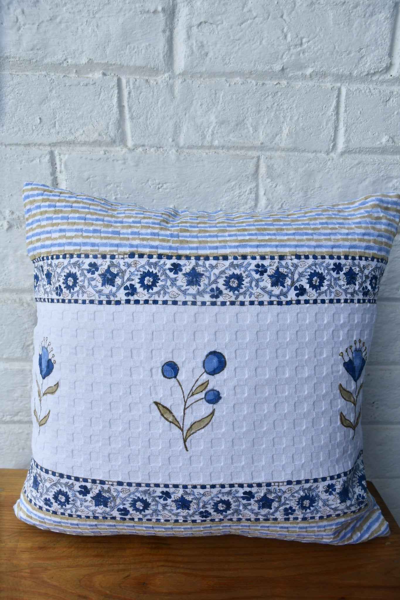 Elegant blue floral stripe handblock cushion cover