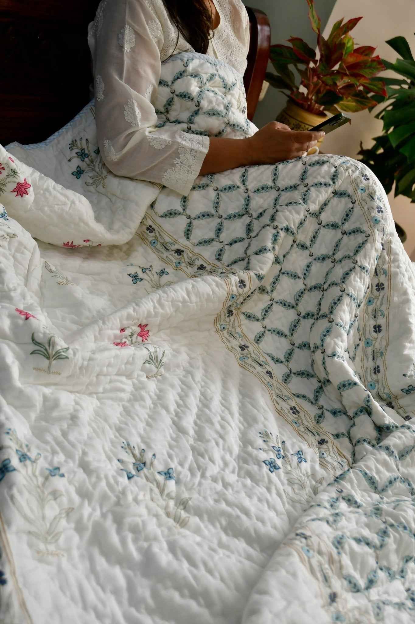 Blue Jaal n Buta Handblock mul mul Quilt