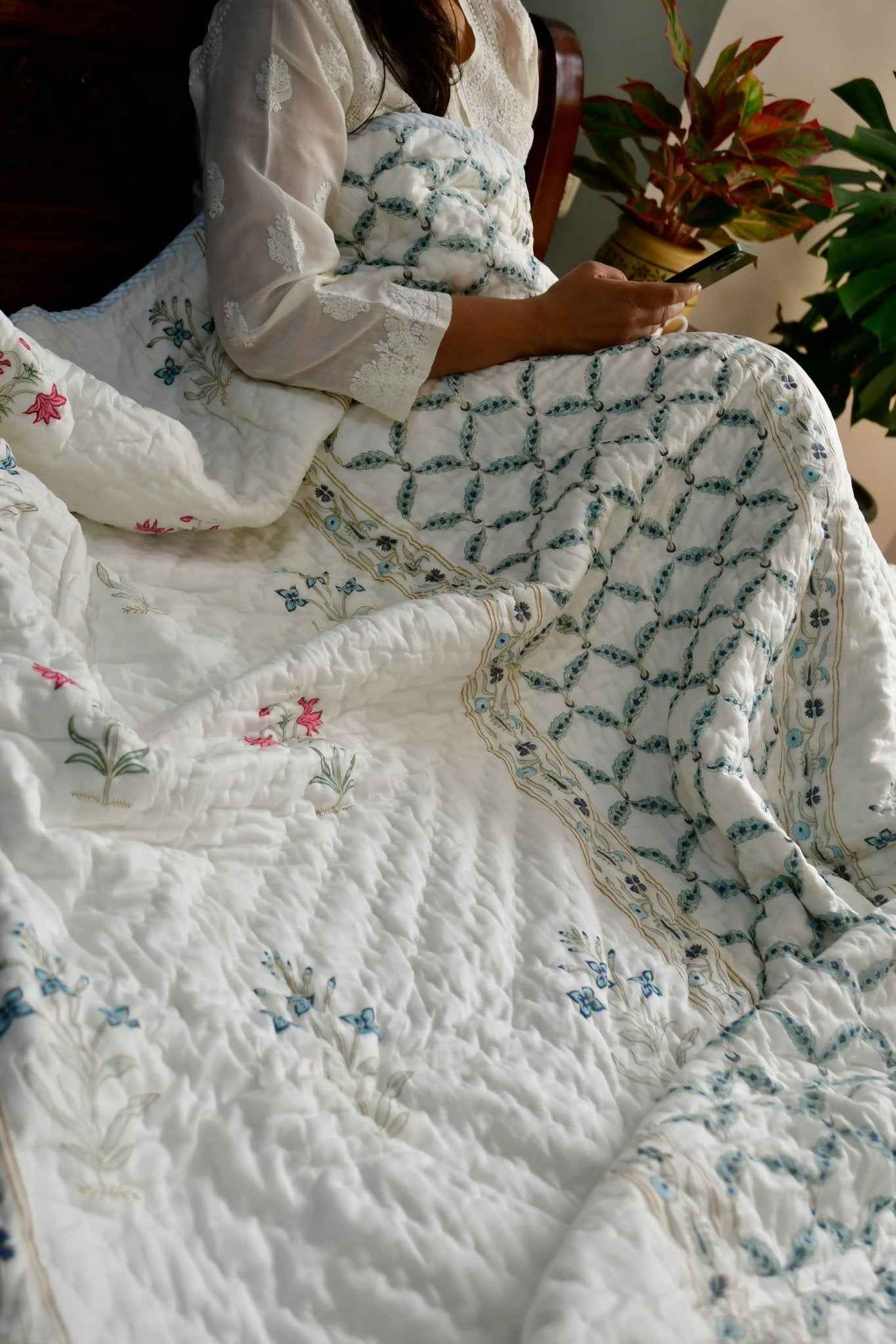 Blue Jaal n Buta Handblock mul mul Quilt