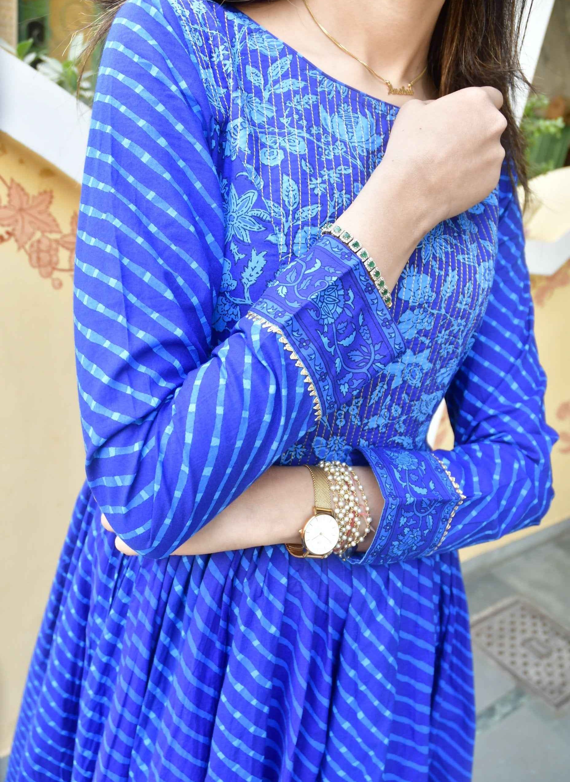 Royal Blue Lehariya Anarkali Handblock : Traditional