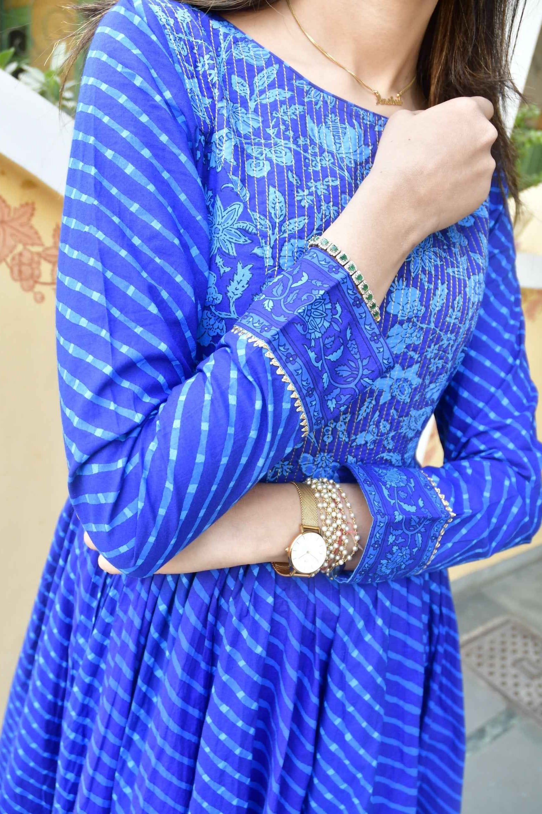 Royal Blue Lehariya Anarkali Handblock : Traditional