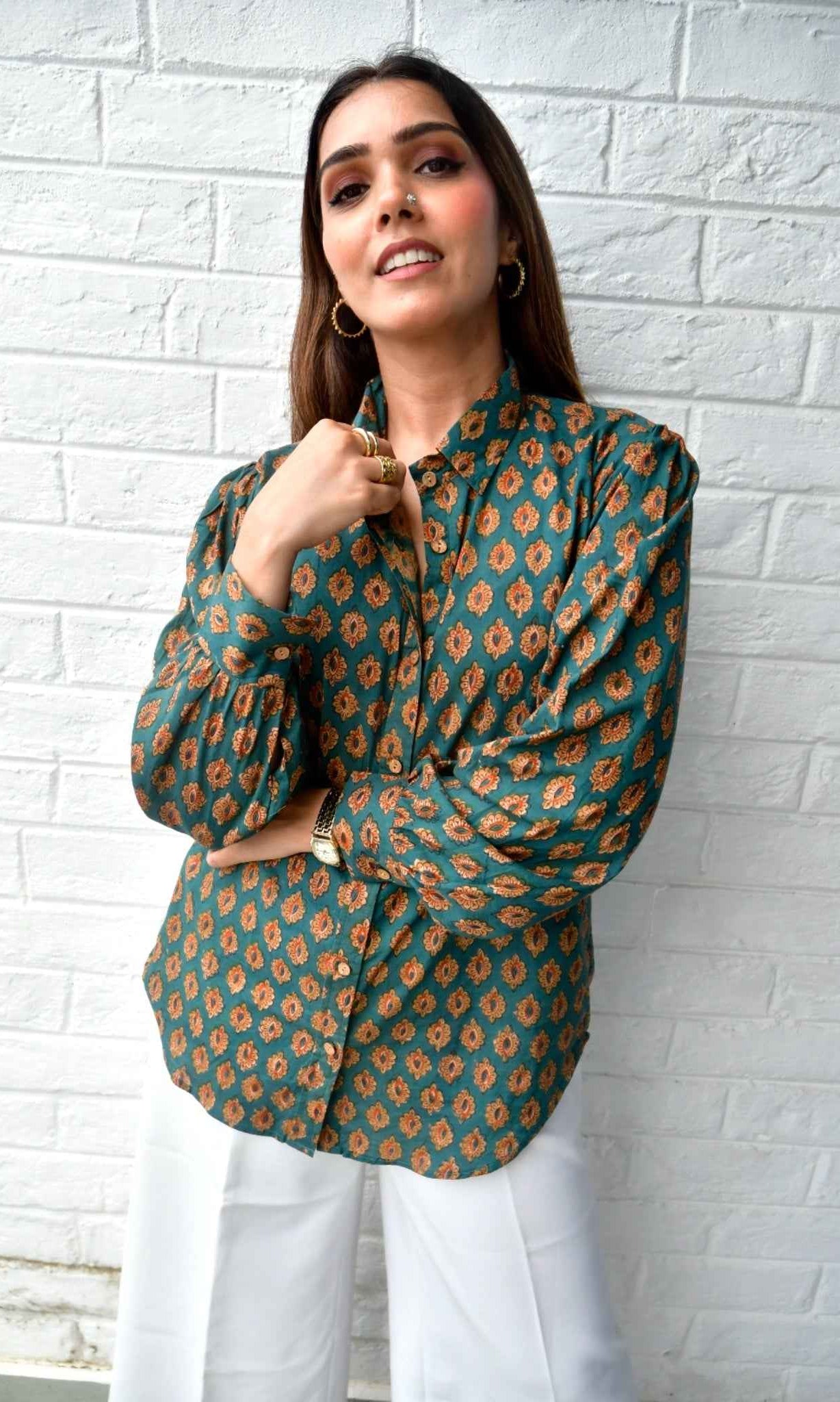 Beetle Green Classic Buta Cotton Shirt