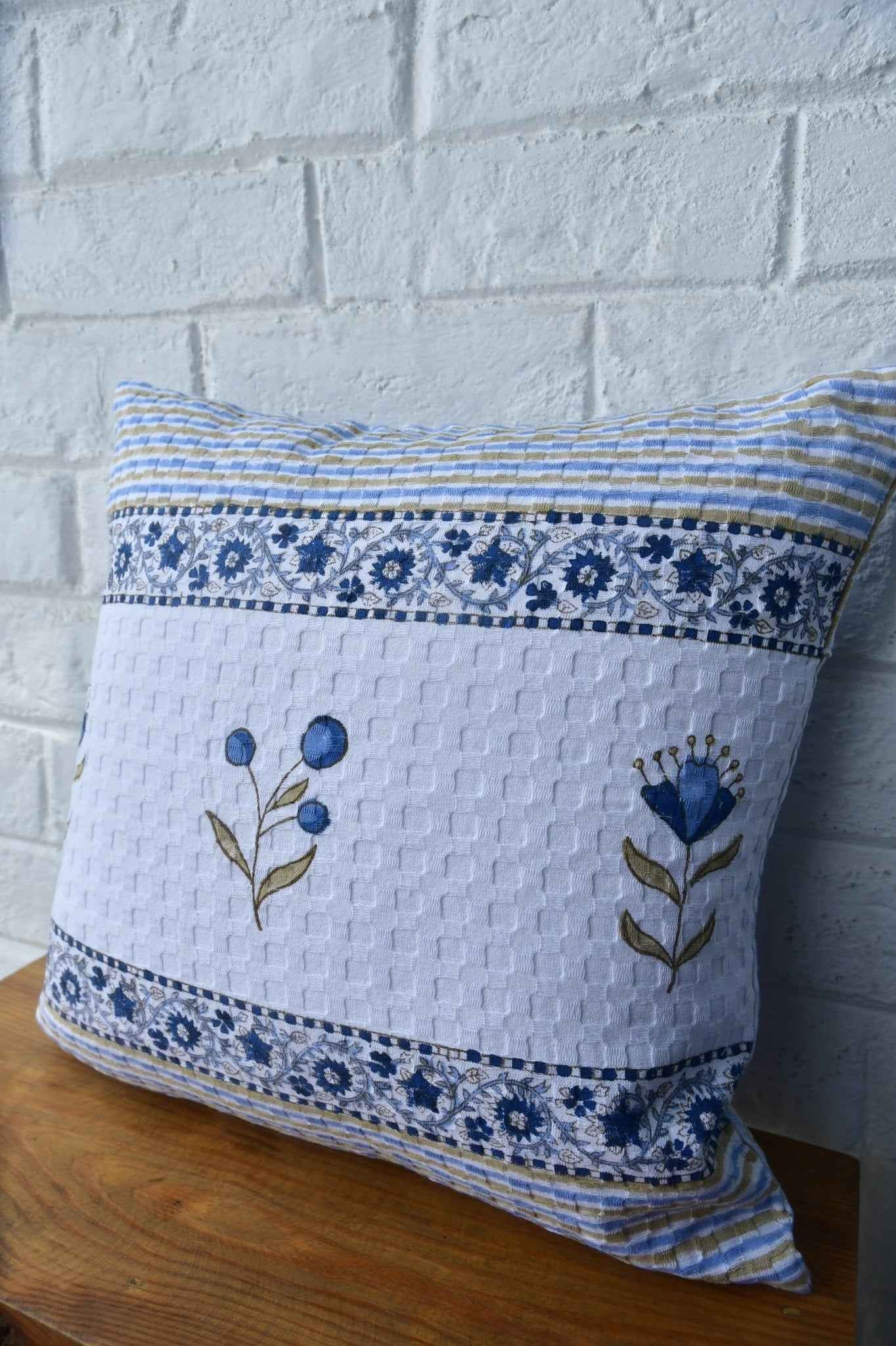 Elegant blue floral stripe handblock cushion cover