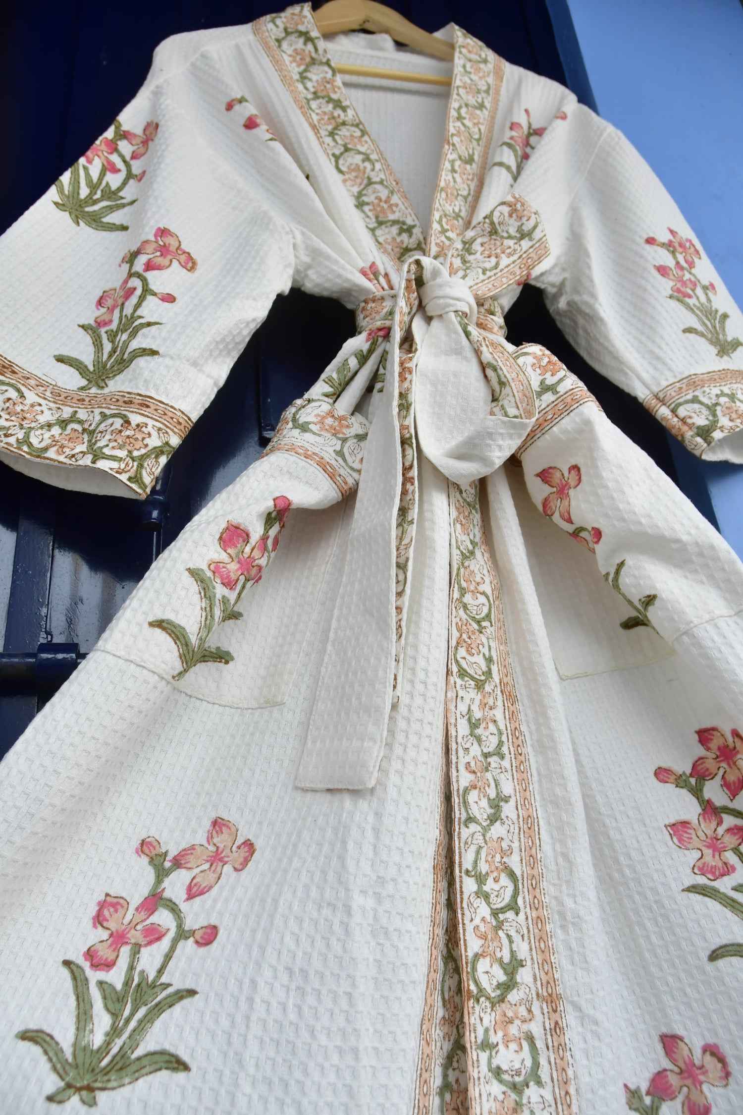 Peachy Pink Floral Waffle Cotton HandBlock Bathrobe
