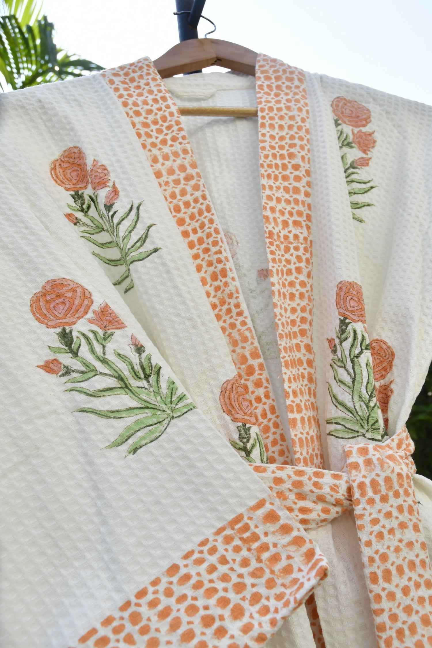 Peach Floral Handblock Waffle Cotton Bathrobe