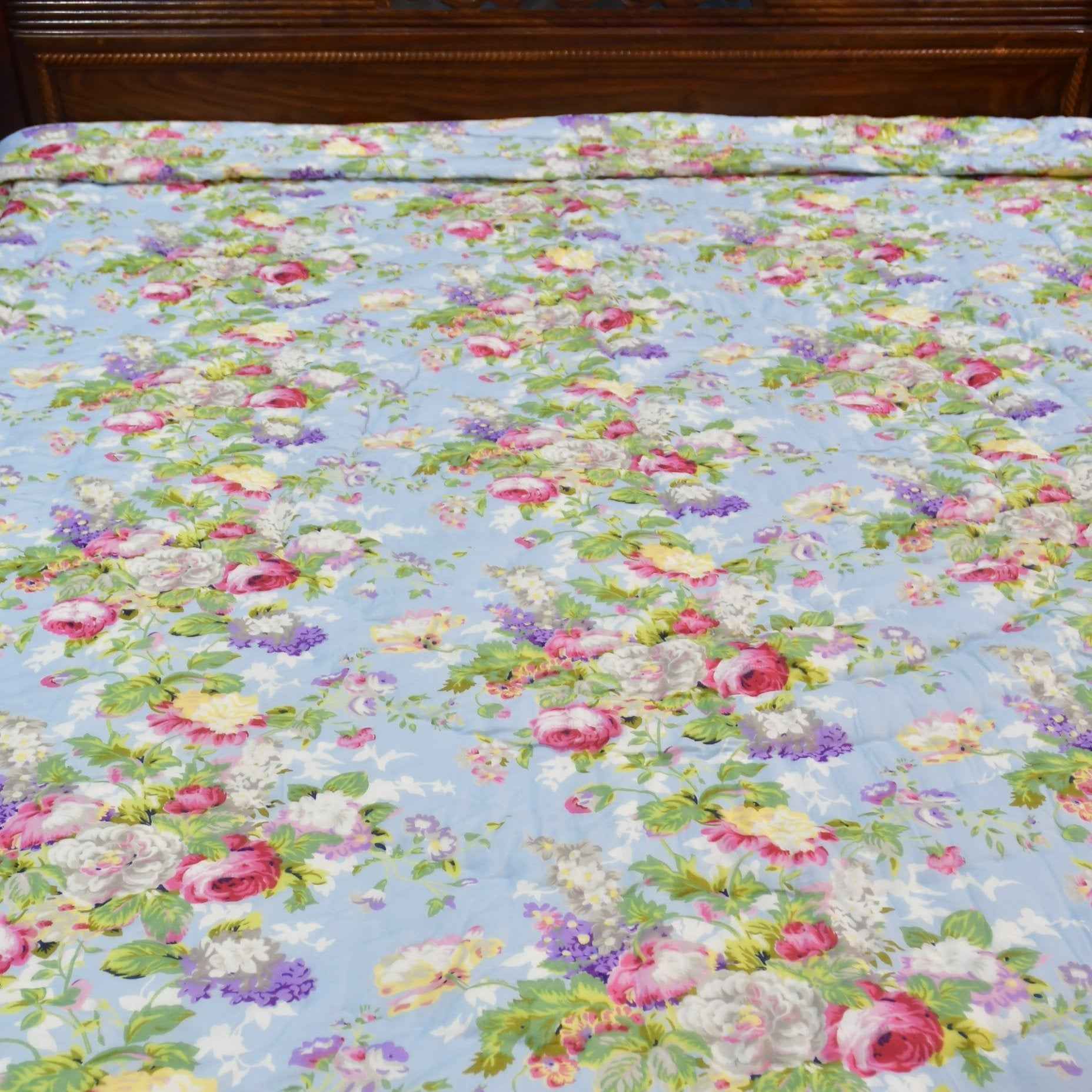 Sky Blue Floral Handblock Reversible Quilt