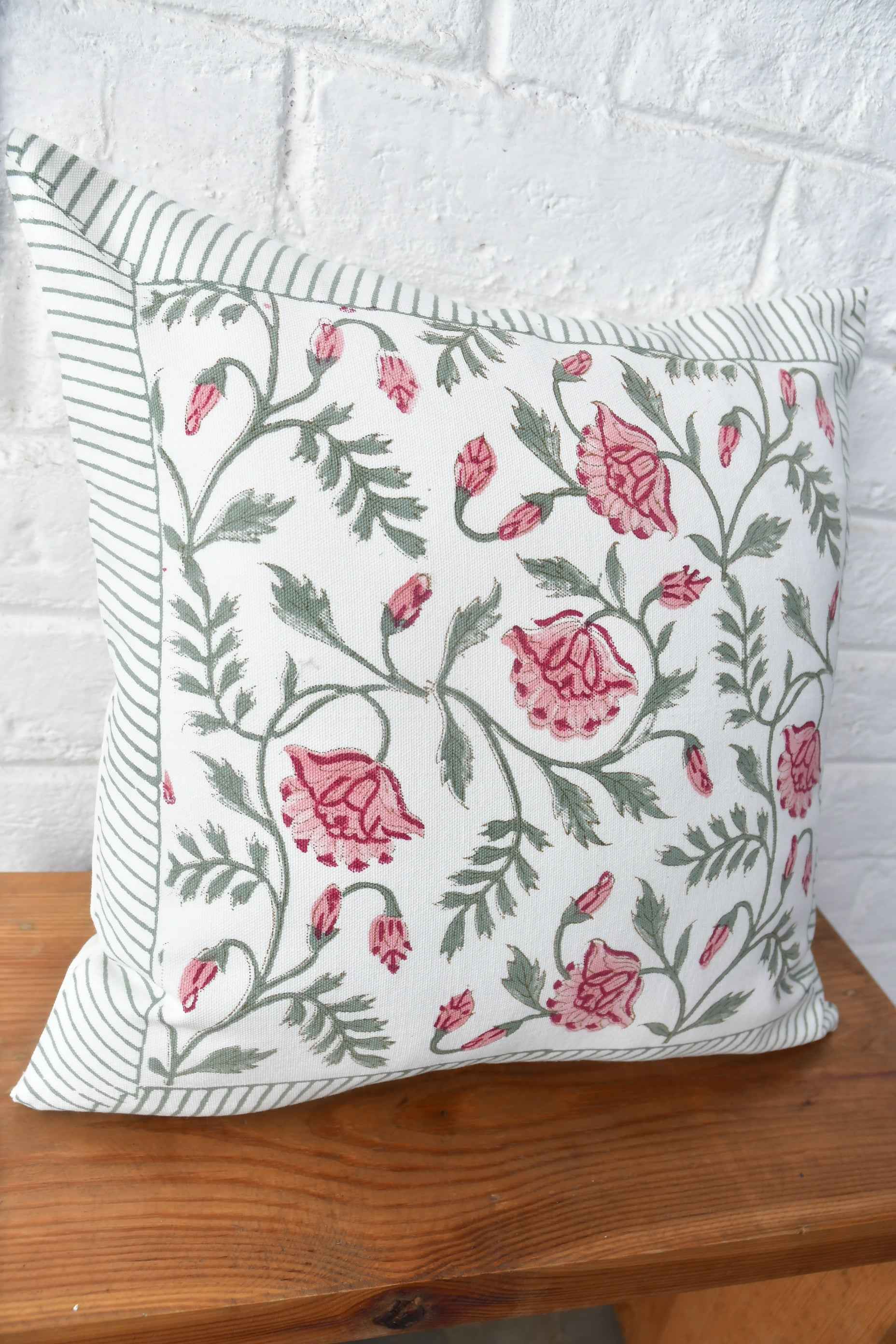 Pink & Green Floral Jaal Handblock Cushion Cover