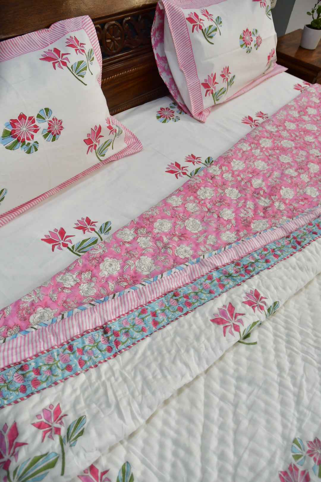 Pink Lotus Handblock Cotton Bedding Set