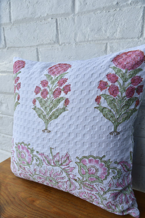 Waffle cotton coral pink HandBlock cushion cover 