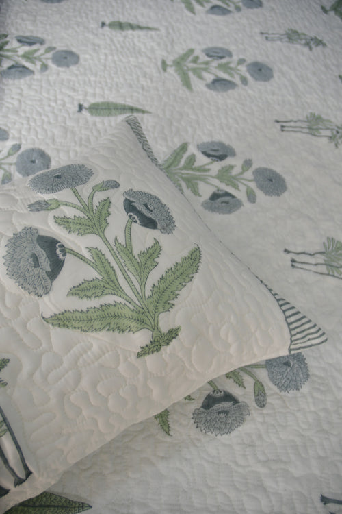 Blue Grey Poppy Quilted bedcover