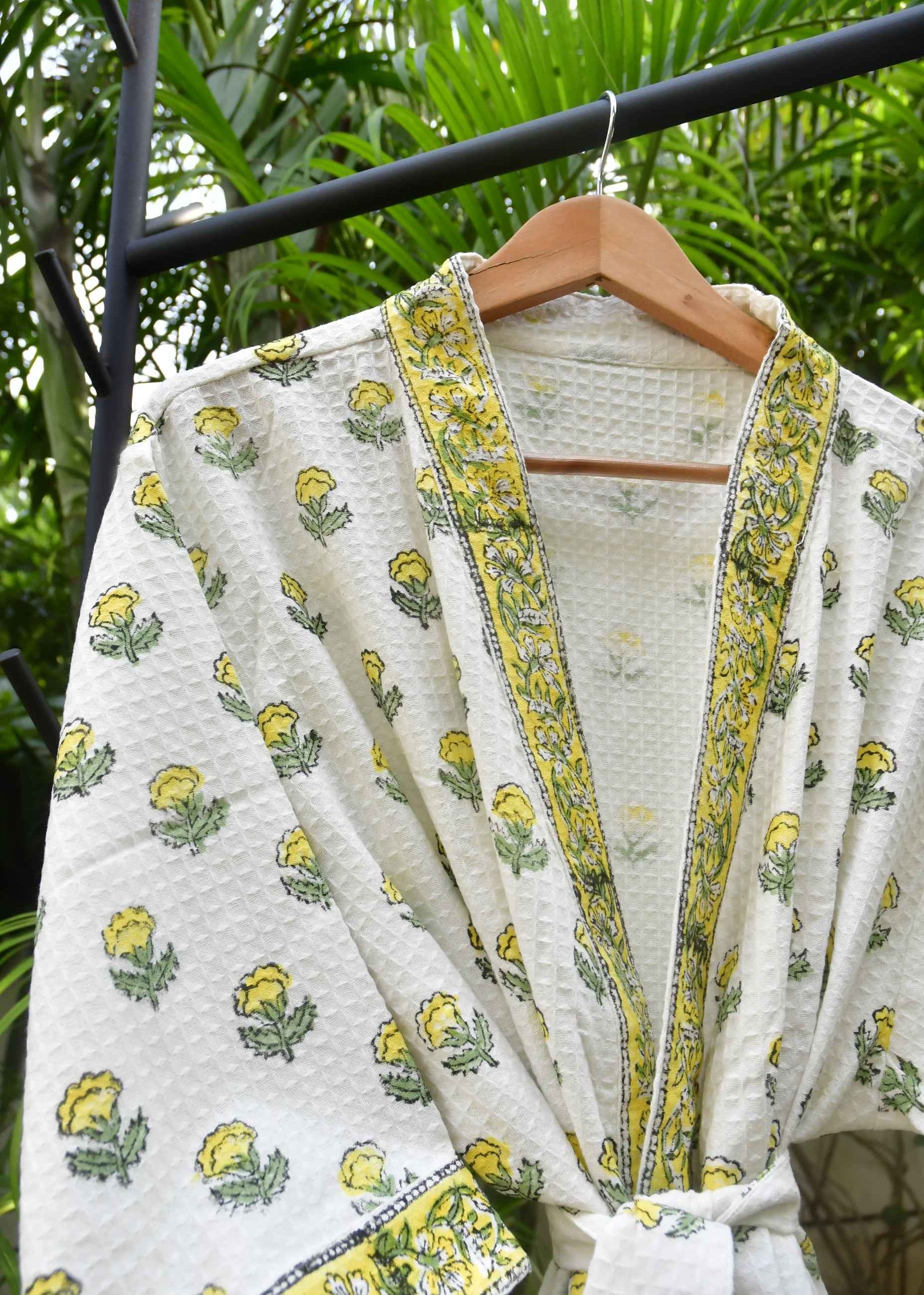 Yellow Buti HandBlock Waffle Cotton Bathrobe
